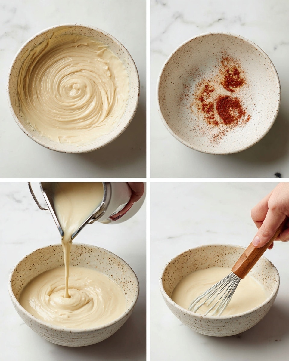 The image shows four steps of making a creamy mixture in white speckled bowls on a white marbled surface. The first part shows a thick light beige sauce being mixed by a hand mixer, with smooth swirls on top. The second part features a white bowl with red and brown powdered spices on the surface. The third part shows the creamy light beige sauce again, with a woman's hand pouring a light liquid into the bowl while a whisk rests inside. The last part displays the same bowl filled with a smooth pale beige sauce being stirred by a wooden spoon, showing the creamy texture clearly. Photo taken with an iphone --ar 4:5 --v 7