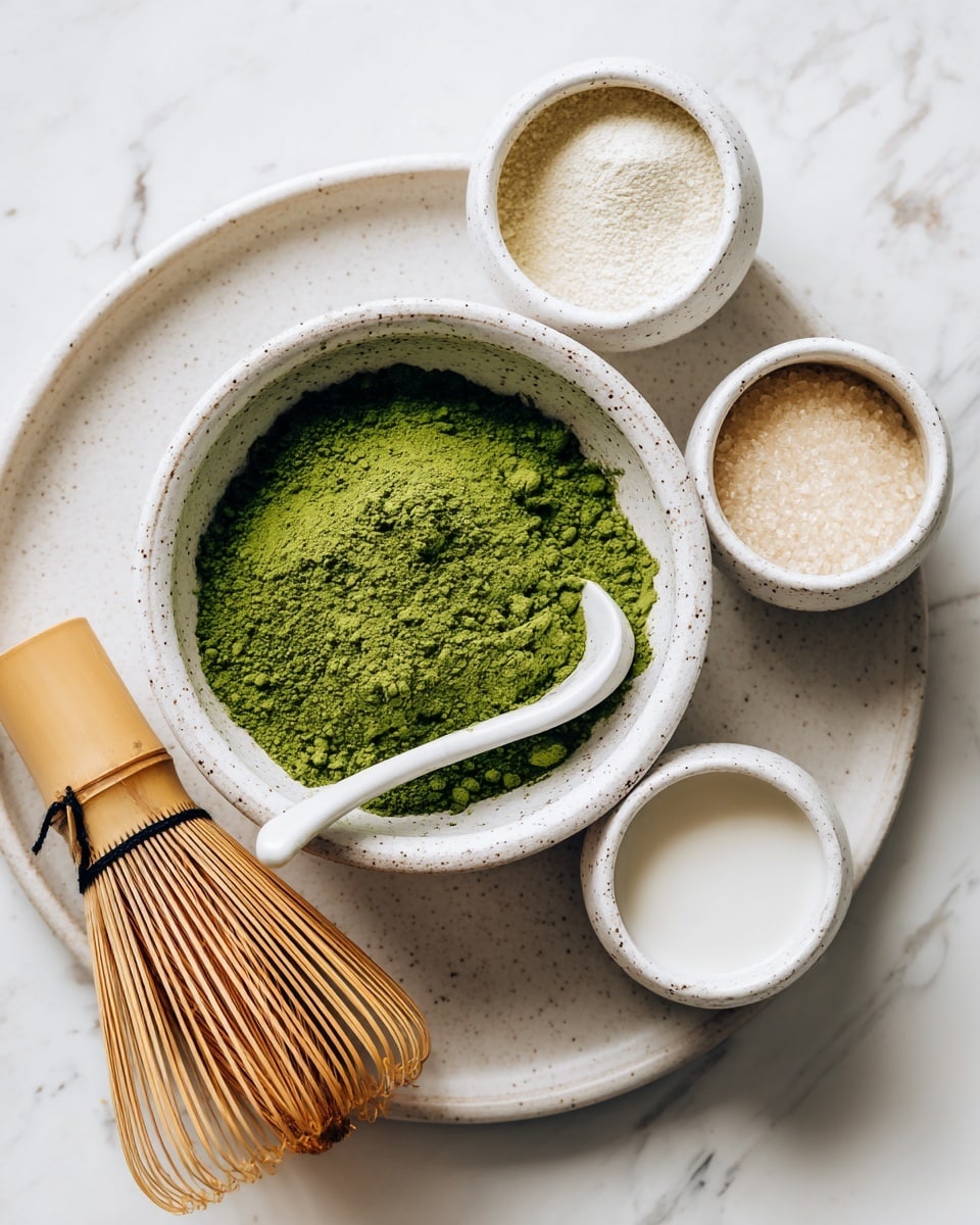 The image shows a white speckled small bowl filled with bright green matcha powder, with a small white spoon resting inside it, placed on a white plate. Next to the bowl is a light brown bamboo whisk with fine bristles tied with a black string. Around the plate, there are three small white speckled containers: one with white liquid, one with a creamy beige liquid, and one with a white granular substance. The whole setup sits on a white marbled surface. photo taken with an iphone --ar 4:5 --v 7