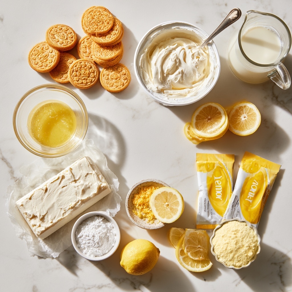 The image shows a square lemon dessert slice placed on a white plate over a white marbled surface. The dessert has four visible layers: a light golden crumbly base, followed by a thick white creamy layer, then a vibrant yellow lemon filling, and finally a fluffy white topping sprinkled with crumbs. A fresh lemon slice is placed on top, centered, adding a bright yellow contrast. The background includes a glass baking dish with more of the dessert, a whole lemon on the left, and a stack of sandwich cookies on the right. Photo taken with an iphone --ar 4:5 --v 7
