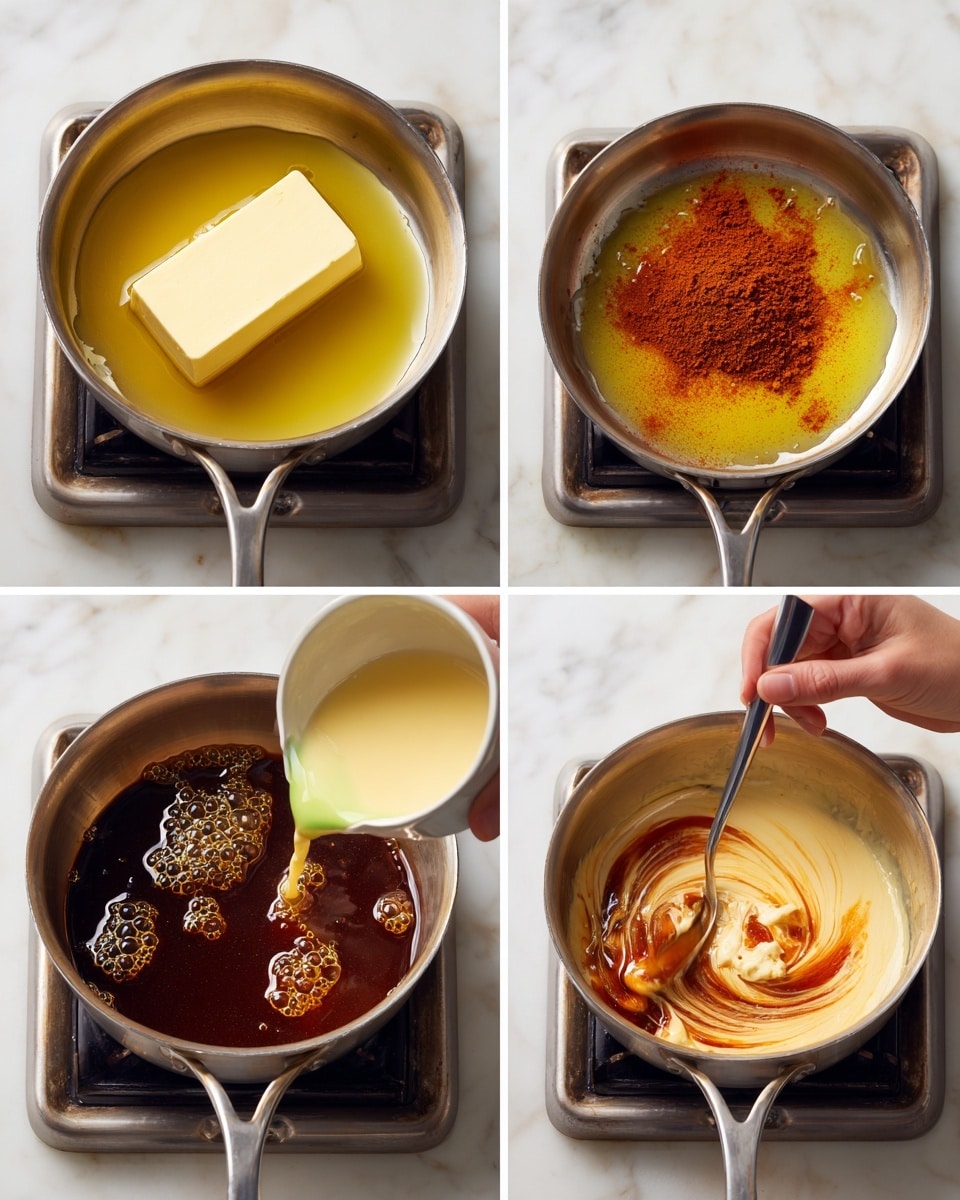 The image shows six small frames of a cooking process in a metal pan on a stove with a white marbled surface. The first frame shows a block of pale yellow butter melting, forming a shiny liquid layer. The second frame displays the butter fully melted, creating a smooth, clear yellow oily layer. The third frame captures a woman's hand pouring dark red and orange powdered spices into the pan with bubbling butter while a metal spoon stirs. The fourth frame shows a bubbling, thick dark reddish-brown liquid with a spoon resting inside. In the fifth frame, a woman's hand pours a light greenish-yellow thick liquid into the pan while stirring with a spoon, mixing with the reddish sauce underneath. The last frame shows the sauce now a swirled mixture of dark reddish and creamy pale colors with bubbles on the surface and the spoon holding some sauce above the pan. Photo taken with an iphone --ar 4:5 --v 7