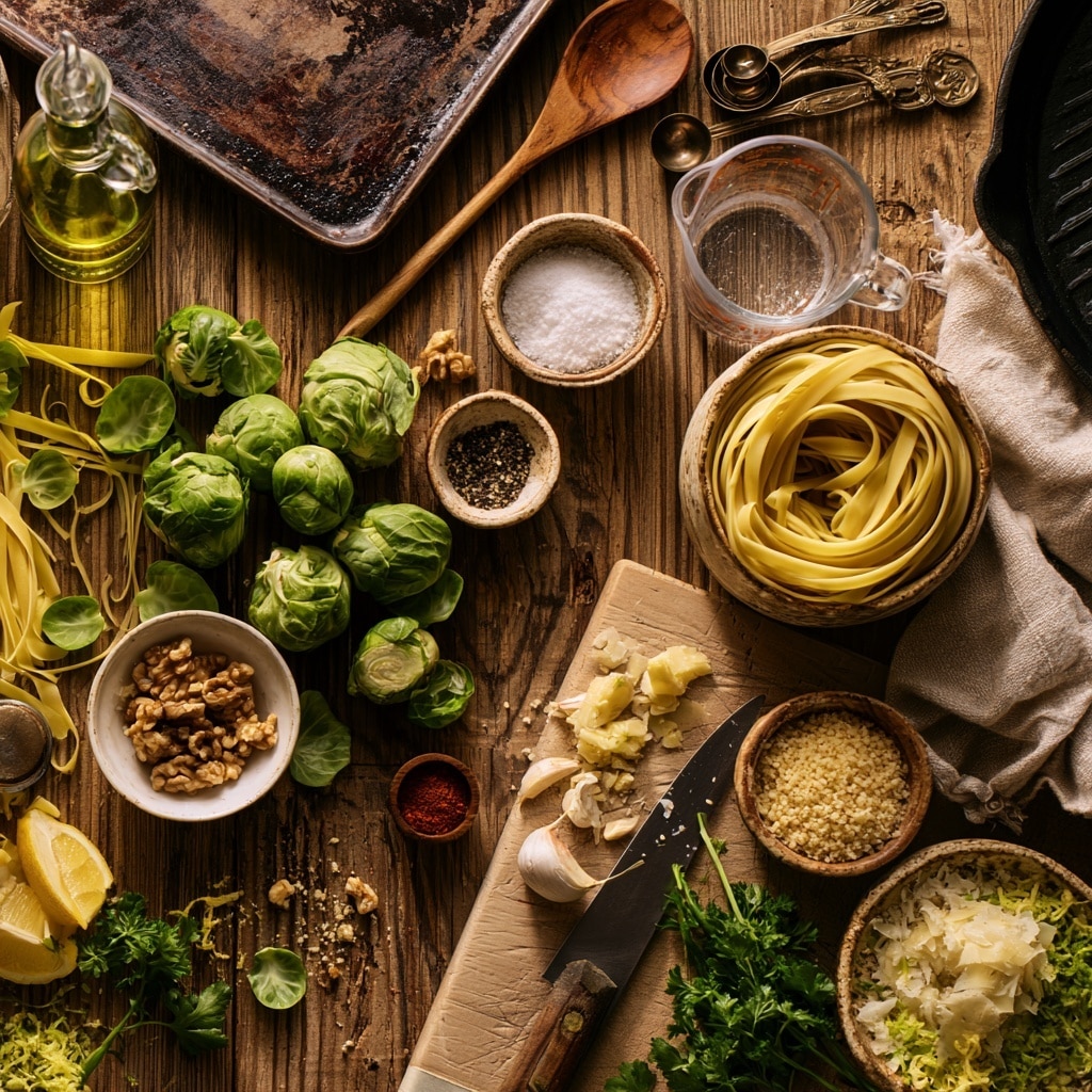 The image is divided into four parts showing different food items on a white marbled surface or in white pans. Part A shows several small, round, roasted Brussels sprouts with a mix of bright green and golden brown colors, some with crispy edges. Part B features a small heap of chopped walnuts in shades of light brown and beige scattered loosely. Part C displays a white pan with a bubbling light yellow liquid being combined with a pale grated ingredient, likely cheese, slightly melting and mixing together. Part D shows golden toasted crumbs spread out in an even layer inside a white pan, with a crunchy texture. photo taken with an iphone --ar 4:5 --v 7