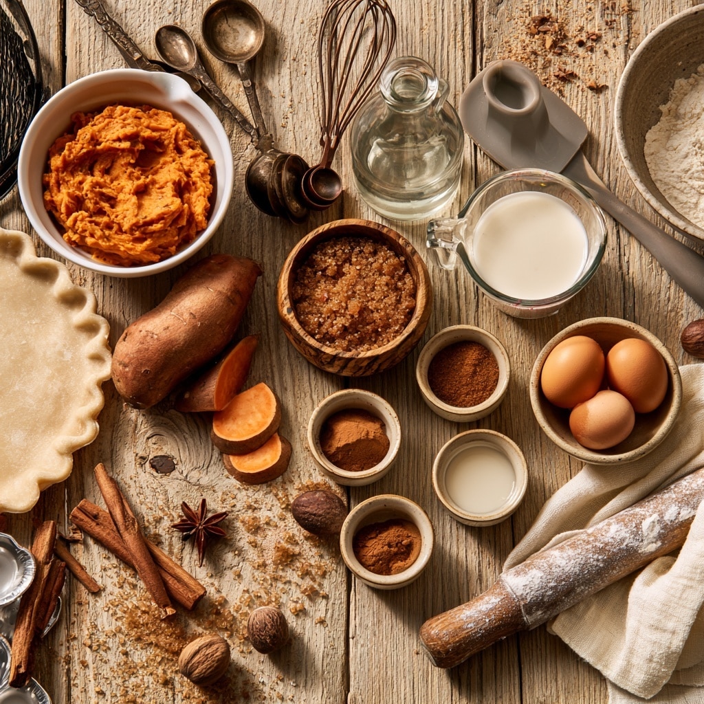 The image shows four stages of making a pie. In the top left, a white bowl holds ingredients including two orange egg yolks, dark brown powder, light orange puree, white cream, and a black liquid, all separate on a white marbled surface. The top right shows an uncooked pie crust in a white pie dish with a smooth texture and slightly crimped edges on a white marbled surface. The bottom left displays the pie dish inside a black air fryer, filled with a smooth beige filling, the crust evenly holding the mixture. The bottom right shows the same pie inside the air fryer, now baked with a browned top and golden crust, slightly puffed in the center. photo taken with an iphone --ar 4:5 --v 7