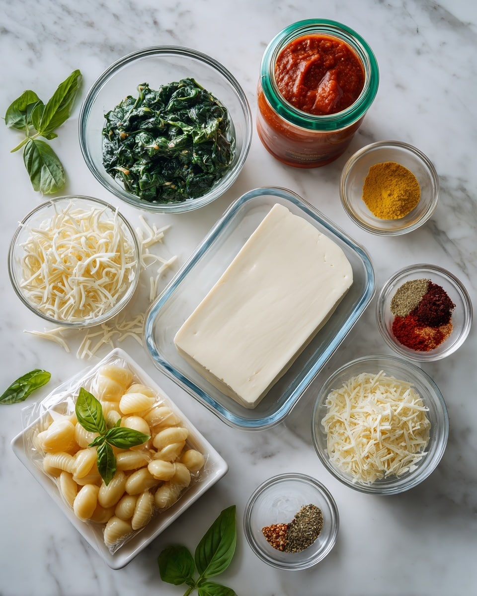 The image shows several clear glass bowls and a white rectangular dish placed on a white marbled surface. In the white dish, there is a block of tofu with a smooth, pale surface. Nearby, a small glass bowl holds shredded white cheese, fluffy and fine. Another glass bowl contains dark green, chopped spinach with a soft texture. There is a small glass bowl with a yellow powder, likely nutritional yeast, and another bowl with clear, pale liquid, possibly lemon juice. A small glass bowl has reddish paste, and yet another bowl holds a mix of various spices including salt, dried herbs, and red chili flakes. A jar of red tomato sauce with a green lid stands at the back. At the front left, there is a packet of pale yellow gnocchi with a sprig of fresh basil on top. The setting looks clean and organized. Photo taken with an iphone --ar 4:5 --v 7