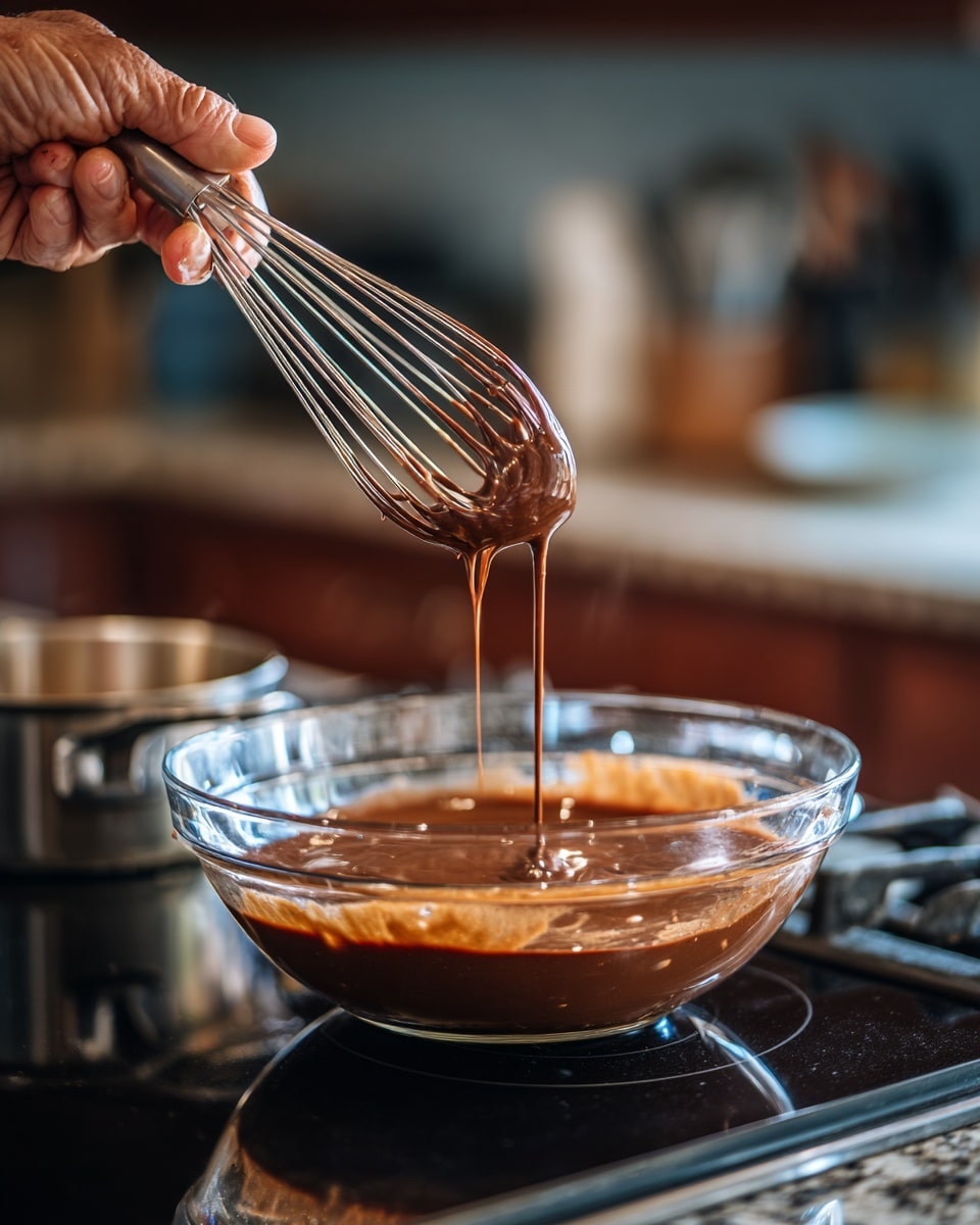 A clear glass bowl filled with smooth, warm brown melted chocolate sits on top of a shiny silver pot on a black stove. A woman’s hand holds a metal whisk above the bowl, dripping thick chocolate back into it. The background is a kitchen setting with blurred cabinets and countertop. The overall colors are deep brown, silver, black, and soft skin tone, with a slight reflection on the metal pot. The scene looks cozy and focused on the melted chocolate preparation. photo taken with an iphone --ar 4:5 --v 7