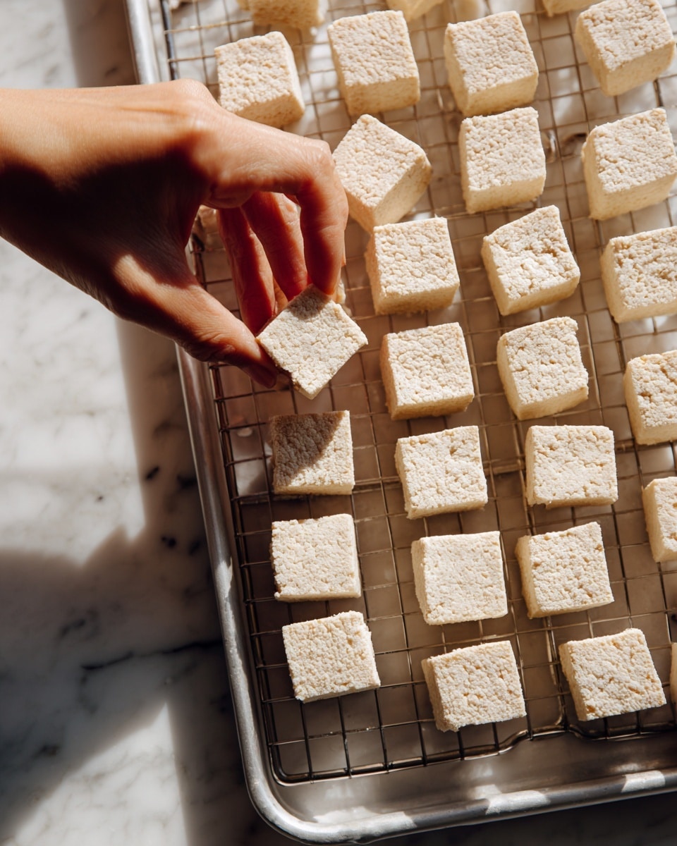The image shows many small, light beige tofu cubes spread evenly on a metal cooling rack over a white tray. A woman's hand is reaching towards the top left corner of the tray, as if to pick up or move one of the tofu pieces. The lighting is natural, giving the tofu a soft and slightly textured look. The background is a white marbled surface. photo taken with an iphone --ar 4:5 --v 7