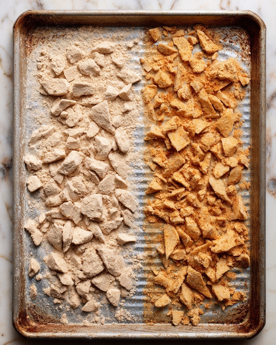 The image shows two close-up views of a metal baking tray with small pieces of food arranged on it. On the left side, the pieces are raw, light beige in color, and have a powdery texture with rough edges. They are spread out over the tray in a scattered way. On the right side, the pieces are baked, showing a golden-brown color with a slightly crunchy surface and crispy edges. The metal tray underneath has a worn, striped texture with some discoloration from use. The background is a white marbled texture. photo taken with an iphone --ar 4:5 --v 7