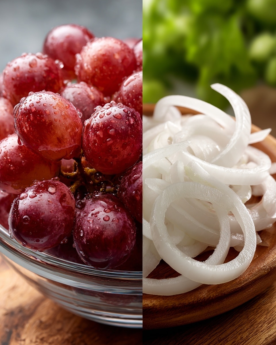 The image shows two close-up views side by side. On the left, there is a clear bowl filled with bunches of shiny red grapes, some with water droplets adding a fresh look. The grapes are round, smooth, and plump with a mix of darker and lighter red shades. On the right, there is a thin pile of white sliced onions with a slightly translucent look, layered loosely on a wooden surface, with a blurry green background. The textures contrast nicely between the smooth grapes and the soft onion slices. Photo taken with an iphone --ar 4:5 --v 7