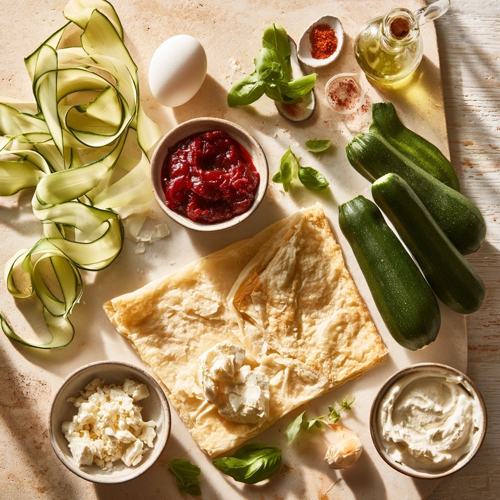 Thin, wide ribbons of green zucchini layered loosely on a white marbled surface cover the image, with each ribbon showing light green flesh and darker green edges. On top of these layers, seven small dollops of creamy white cottage cheese are evenly placed, adding texture contrasts with their soft, slightly uneven surfaces. The zucchini ribbons overlap in different directions, creating a fresh and light appearance. Photo taken with an iphone --ar 4:5 --v 7