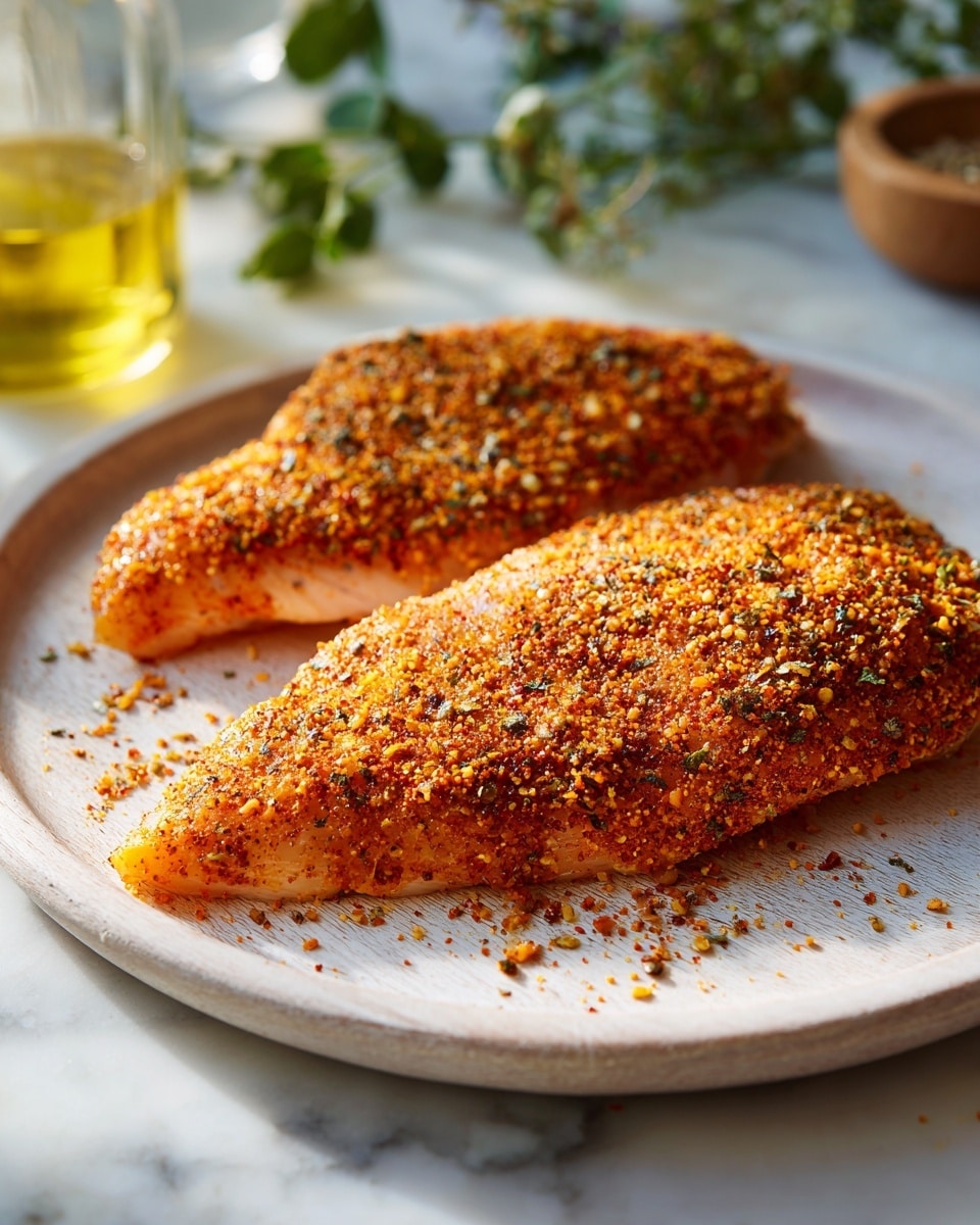 Two pieces of raw chicken fillets are laid flat on a round white plate with a subtle wood texture, placed on a white marbled surface. Each fillet is fully coated in a dry rub seasoning that is orange-brown in color with visible specks of herbs and spices, some seasoning has spilled over the edges of the plate. In the background, there are blurred objects including olive oil in a glass bottle, a clear glass with light yellow liquid, and some green herbs on the left side. The lighting is natural, highlighting the texture of the seasoning and the raw chicken. photo taken with an iphone --ar 4:5 --v 7
