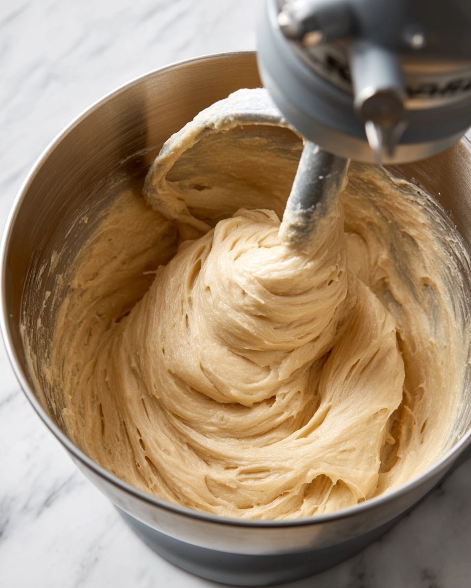 The image shows a close-up of light beige dough with a soft, sticky texture spinning inside a metal mixer bowl as it is being mixed by a flat dough hook attached to a stand mixer. The dough appears slightly glossy and smooth, gathering around the hook in thick layers. The mixer's metal bowl has a shiny, reflective interior, and the upper part of the mixer is partially visible with a grey finish. The background is changed to a white marbled texture. photo taken with an iphone --ar 4:5 --v 7