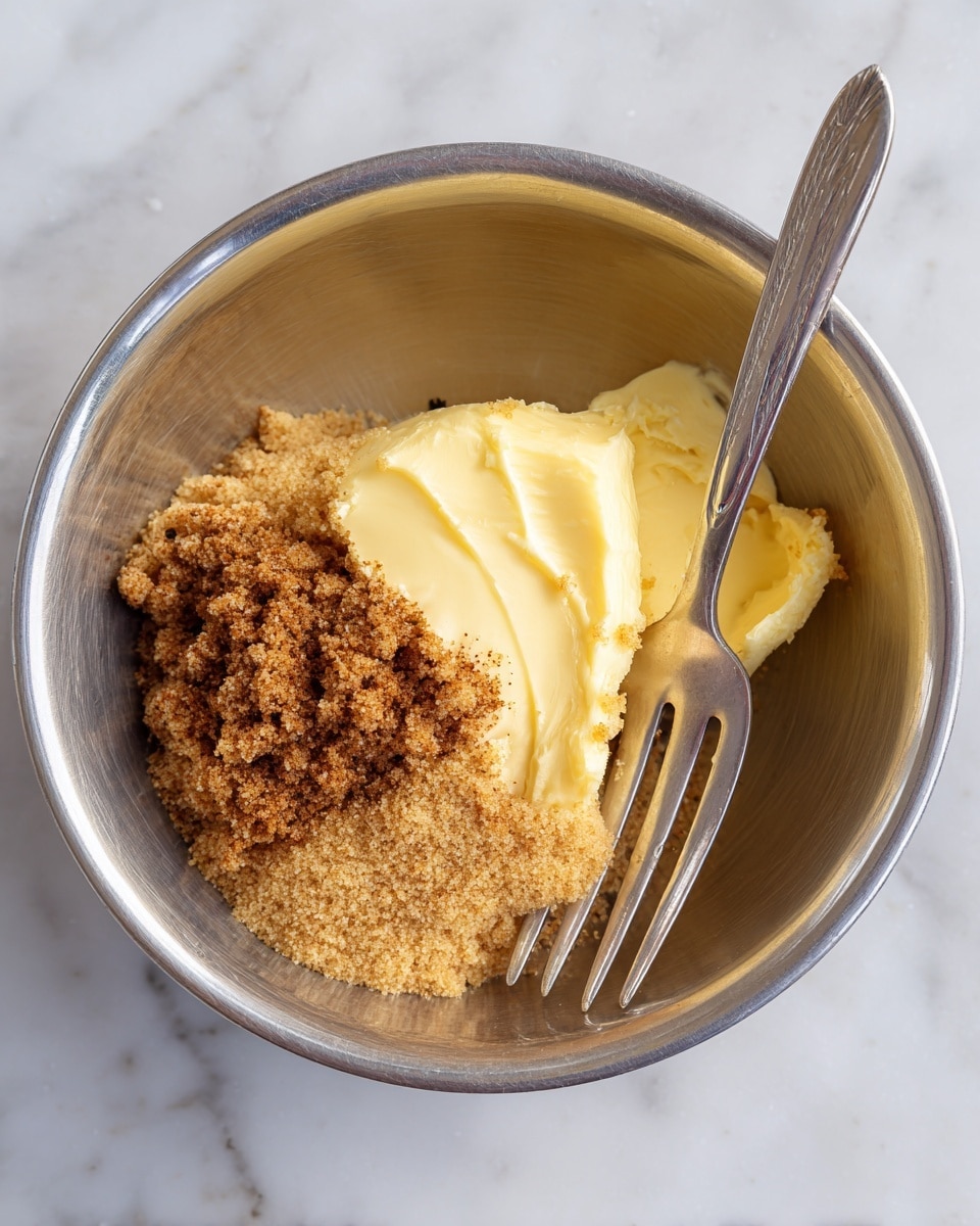 Inside a shiny metal bowl, there is a soft, creamy yellow mass of butter on the left side, topped with a large heap of light brown sugar covering most of the bowl’s center. On top of the sugar, there are small dark specks of vanilla seeds scattered. A fork with four tines rests on the right edge of the bowl, partially inside the ingredients. The bowl sits on a white marbled surface. photo taken with an iphone --ar 4:5 --v 7