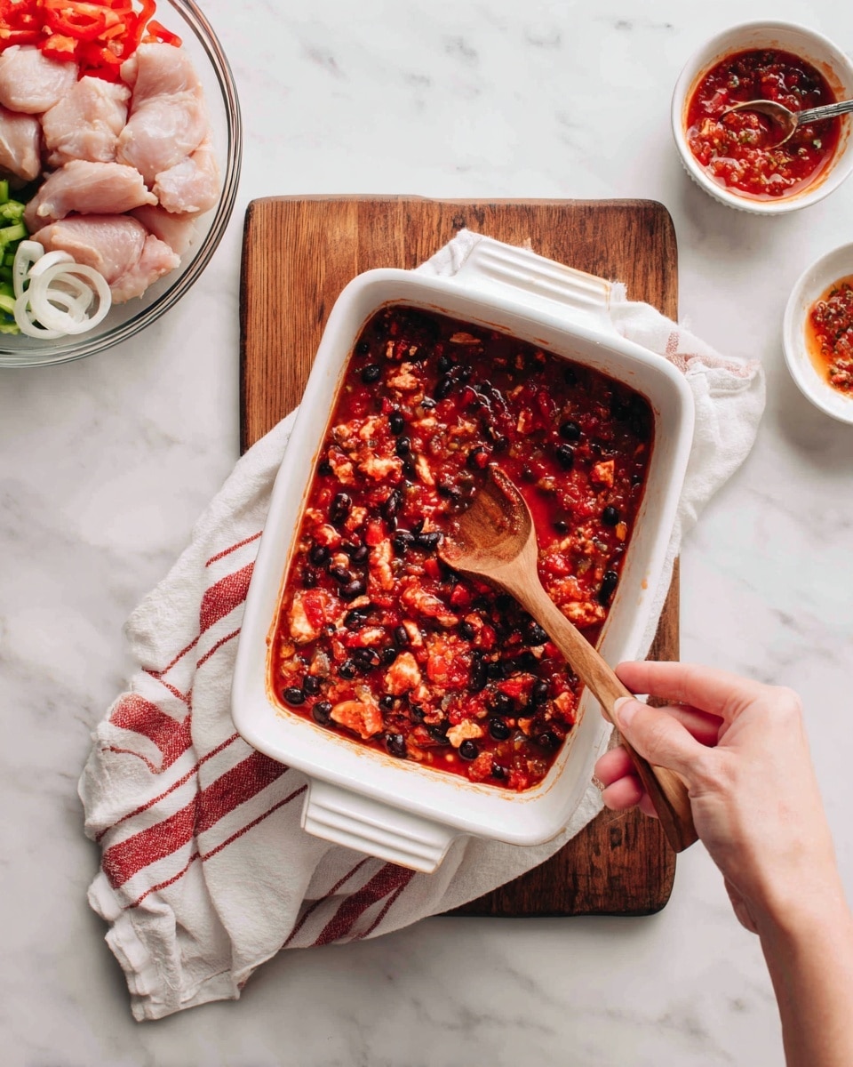 The image shows a white rectangular baking dish with a wooden spoon stirring a mixture of red tomato sauce with chunks, black beans, and small light yellow grains at the bottom. The dish sits on a wooden board with a white towel featuring red stripes underneath it on a white marbled surface. In the background on the left, there is a clear glass bowl filled with raw chicken pieces, sliced white onions, red and green bell pepper strips. To the right, there is a small white bowl with some leftover red sauce and a spoon resting inside. A woman's hand holds the wooden spoon in the baking dish while another woman's hand holds the dish from the bottom. photo taken with an iphone --ar 4:5 --v 7