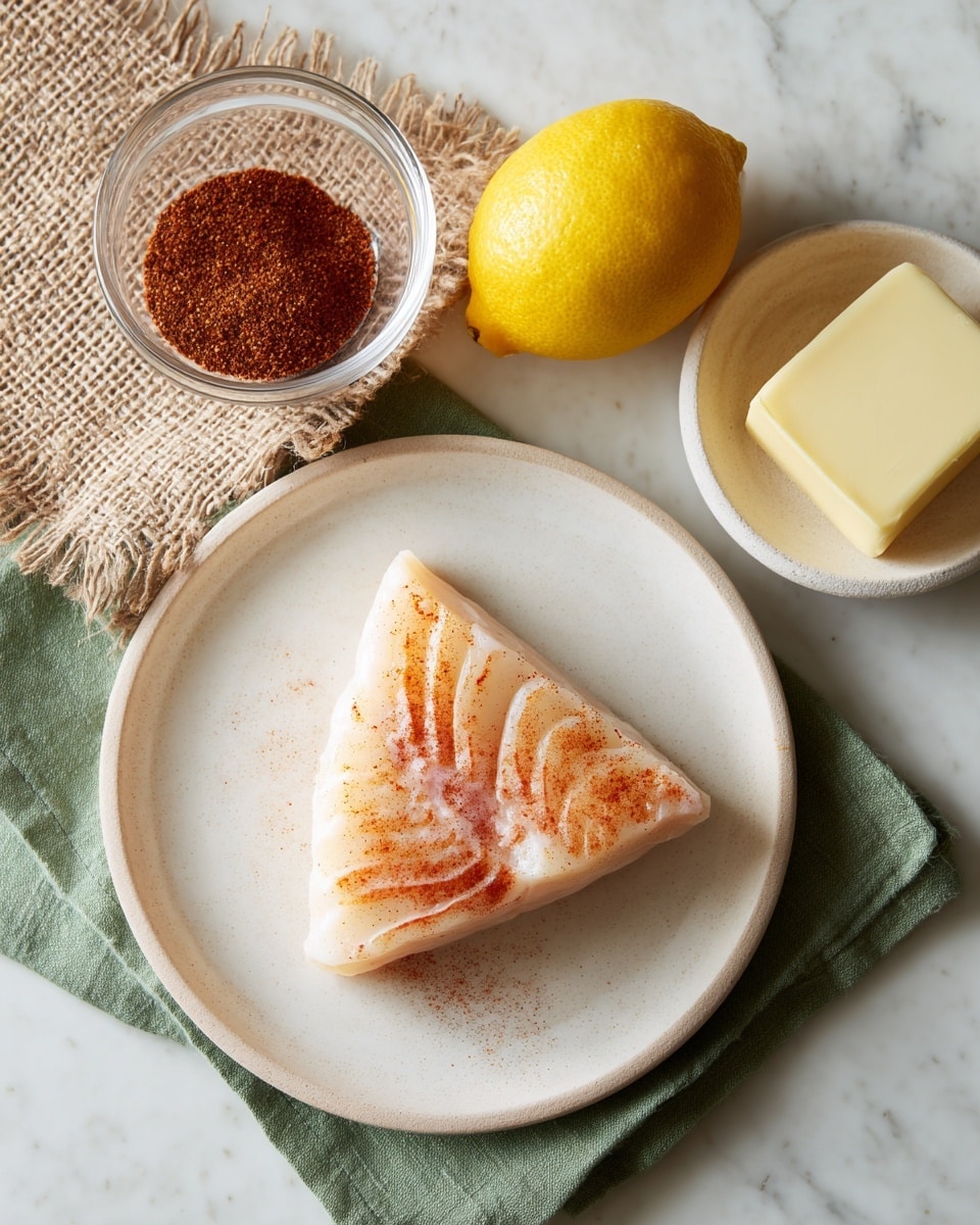 A white plate in the center holds a single triangular slice of fish with a pale pink and cream color, featuring a darker reddish-brown swirl pattern near the base. The plate sits on a green cloth with a burlap textured fabric partly visible underneath. To the right of the plate, there is a small white bowl filled with reddish-brown spice powder, a whole yellow lemon, and a clear glass bowl containing a small square of butter. All items are placed on a white marbled surface. photo taken with an iphone --ar 4:5 --v 7