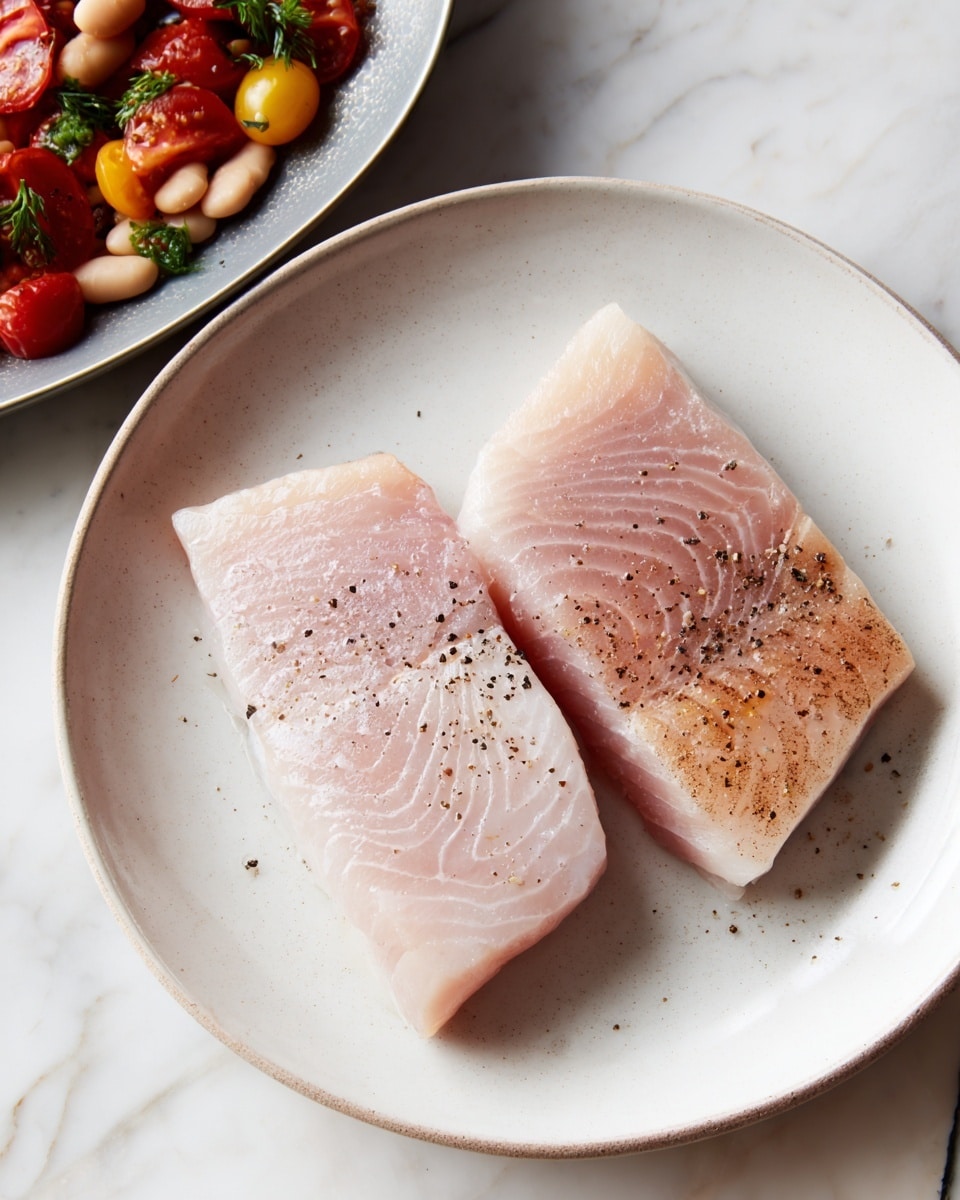 Two thick round slices of pale pink and light brown fish with visible circular grain patterns are placed side by side on a large white plate with a slightly raised rim. The fish slices have a smooth texture with some darker brown patches and light seasoning of coarse black pepper sprinkled on top. The plate rests on a white marbled textured surface, and part of another dish with pale beans and bright red roasted tomatoes, along with green herbs, is seen at the bottom edge of the image photo taken with an iphone --ar 4:5 --v 7