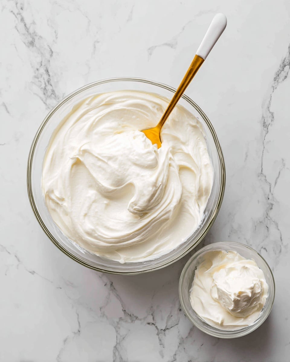 A clear glass bowl filled with smooth, thick white cream with a slightly glossy texture, swirled into soft peaks in the center; a spoon with a long gold handle and a white tip rests inside the bowl, leaning toward the right side. Next to the bowl, on the right, is a smaller clear glass cup with a tiny dollop of the same cream inside. Both bowls sit on a white marbled surface with gray and black patterns. Photo taken with an iphone --ar 4:5 --v 7