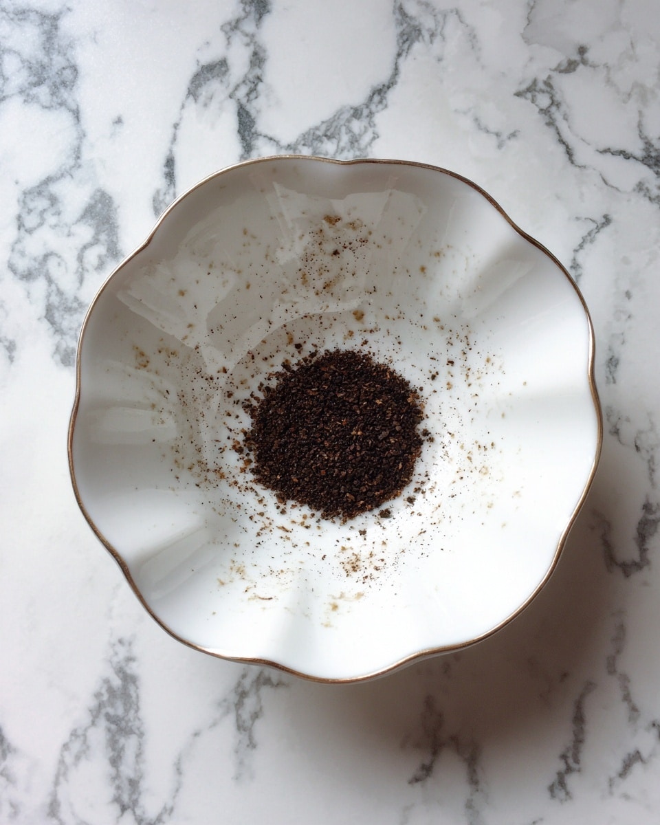 A top view of a white bowl with scalloped edges, containing a small pile of dark brown, fine seeds or spices settled at the bottom center. The inside surface of the bowl has some light brown stains. The bowl is placed on a white marbled surface with grey and dark veining. Photo taken with an iphone --ar 4:5 --v 7