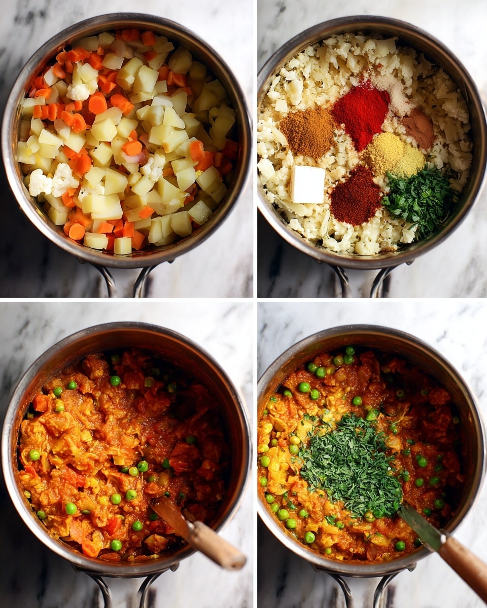The image shows a sequence of four close-up shots inside a stainless steel pot on a white marbled surface. The first frame displays mixed vegetables including diced potatoes, carrots, peas, and light cream-colored cauliflower pieces at the top center, showing a chunky texture. The second frame reveals a layer of finely mashed vegetable mixture forming a beige base, topped with neatly placed colorful spices: deep red, bright yellow, brown powder, two dollops of reddish paste, and a small white square of butter at the upper center. The third frame presents a thick, smooth orange-red veggie curry blend with small green peas and carrot bits visible, stirred by a metal utensil on the right side. The fourth frame repeats the third's stew but now with bright green chopped cilantro sprinkled on top scattered unevenly, maintaining the same thick texture with the stirring spoon in the same position. photo taken with an iphone --ar 4:5 --v 7