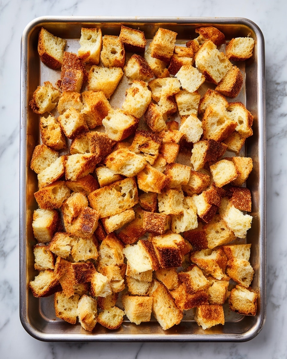 The image shows a large metal baking tray filled with many small, uneven pieces of toasted bread scattered all over. The bread pieces have a golden brown color with some darker edges, showing a crunchy texture. The tray sits on a white marbled surface that adds a clean and bright background to the warm tones of the toasted bread. photo taken with an iphone --ar 4:5 --v 7