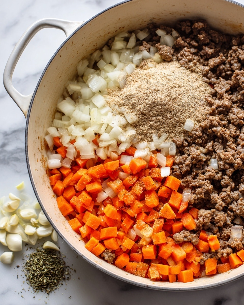 A white pot filled with cooked ground beef mixed with small diced orange carrots and chopped white onions. On top, there is a mound of light brown powdered spices and small pieces of chopped garlic scattered nearby. The pot sits on a white marbled surface, clean and simple with no other items around. Photo taken with an iphone --ar 4:5 --v 7