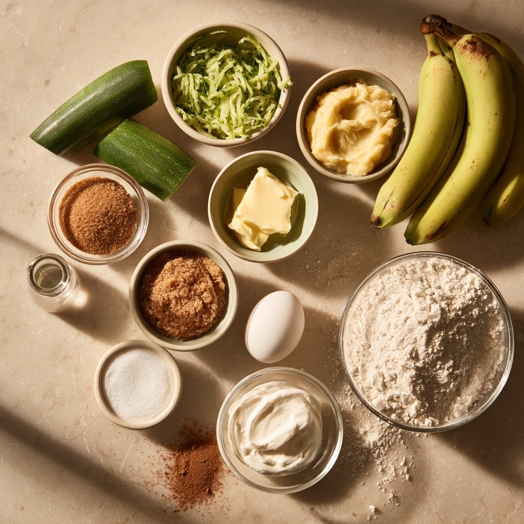 A clear glass bowl placed on a white marbled surface contains several layers of ingredients. At the bottom and around the sides is a flour mixture in light beige color. On one side of the bowl is a generous pile of shredded green zucchini with a moist texture. Adjacent to the zucchini is a dollop of thick white yogurt or sour cream sitting on the flour. Next to that are two separate pools of liquids: one bright yellow melted butter and one raw egg yolk that is a vibrant yellow-orange. Small bits of crushed bananas in pale beige lay near the center. The colors and textures create a simple but visually clear mix of wet and dry ingredients before mixing, photo taken with an iphone --ar 4:5 --v 7