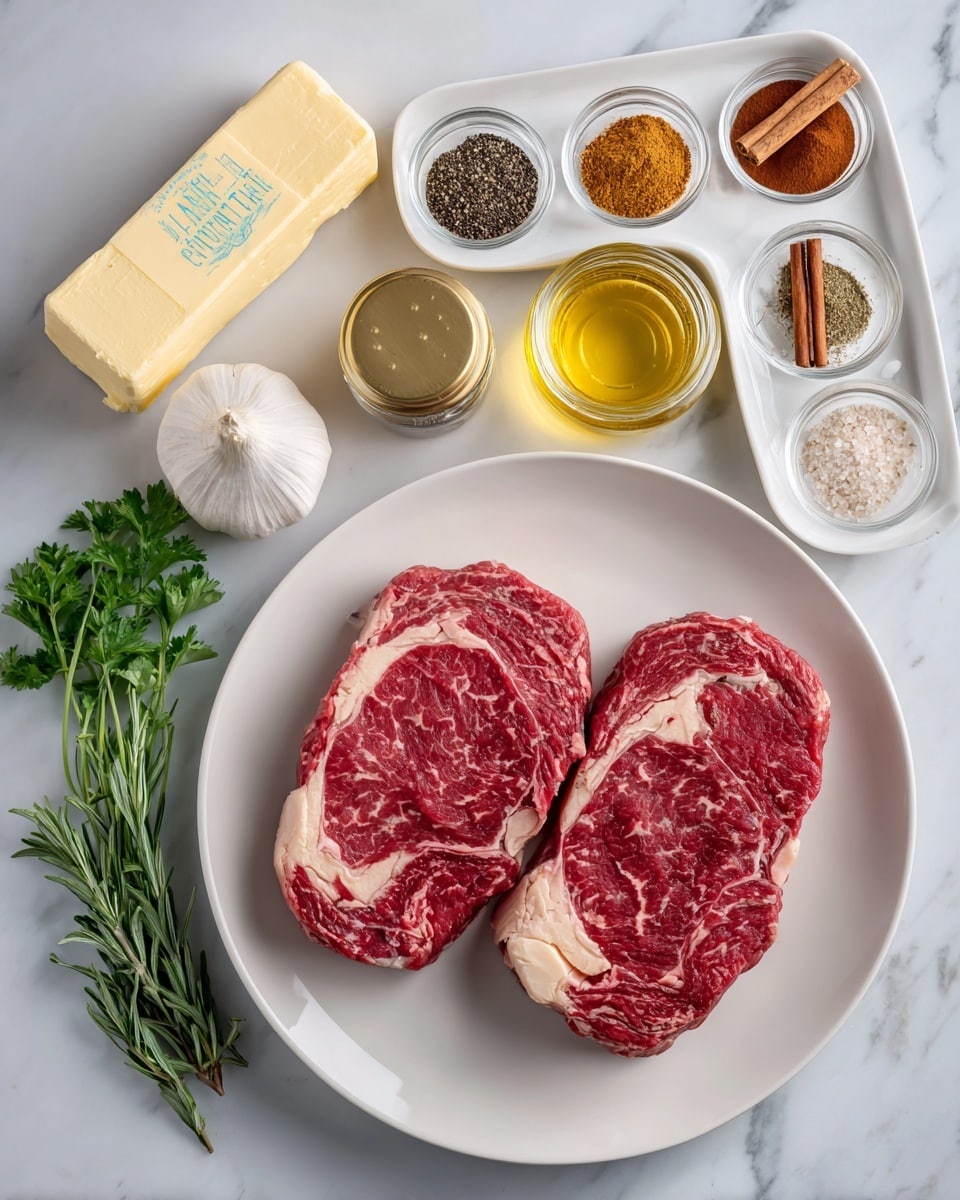 The image shows a white round plate in the middle with two raw red steaks that have white marbling and fat edges. Above the plate is a stick of butter with blue markings. To the right of the butter is a small glass container with light yellow oil and a cinnamon stick inside. Next to the oil are two small clear glass jars with gold lids; one labeled black pepper and the other salt. Below the jars is a whole white garlic bulb. To the left of the plate is a small bunch of green herbs, including flat parsley and rosemary. Above the herbs is a rectangular white plate holding seven different spices in neat piles: black pepper, dark red chili powder, light brown powder, white salt, beige powder, dark red paprika, and granulated garlic. All items rest on a white marbled surface. Photo taken with an iphone --ar 4:5 --v 7