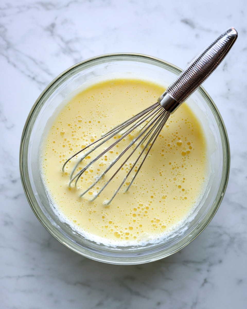A clear glass mixing bowl filled with light yellow batter that has small air bubbles on the surface, with a metal whisk resting inside the bowl above the batter, all placed on a white marbled surface photo taken with an iphone --ar 4:5 --v 7