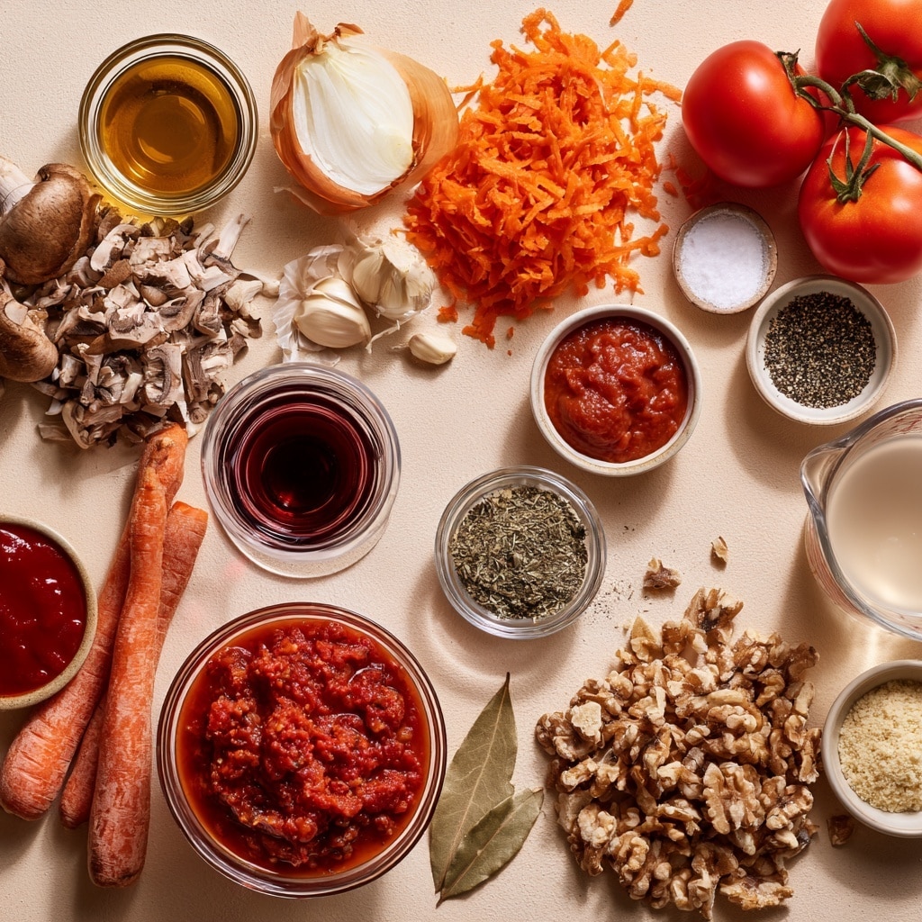 The first image shows a single large layer of finely chopped light brown mushrooms filling a round silver pot, placed on a stove. The second image displays a silver pot filled with a dark brown mixture of cooked mushrooms, topped with three colorful piles: bright orange shredded carrots, a small heap of white chopped onions, and a smaller portion of creamy white minced garlic, with a wooden spoon touching the mixture on the left side. Both pots sit on a white marbled surface. Photo taken with an iphone --ar 4:5 --v 7