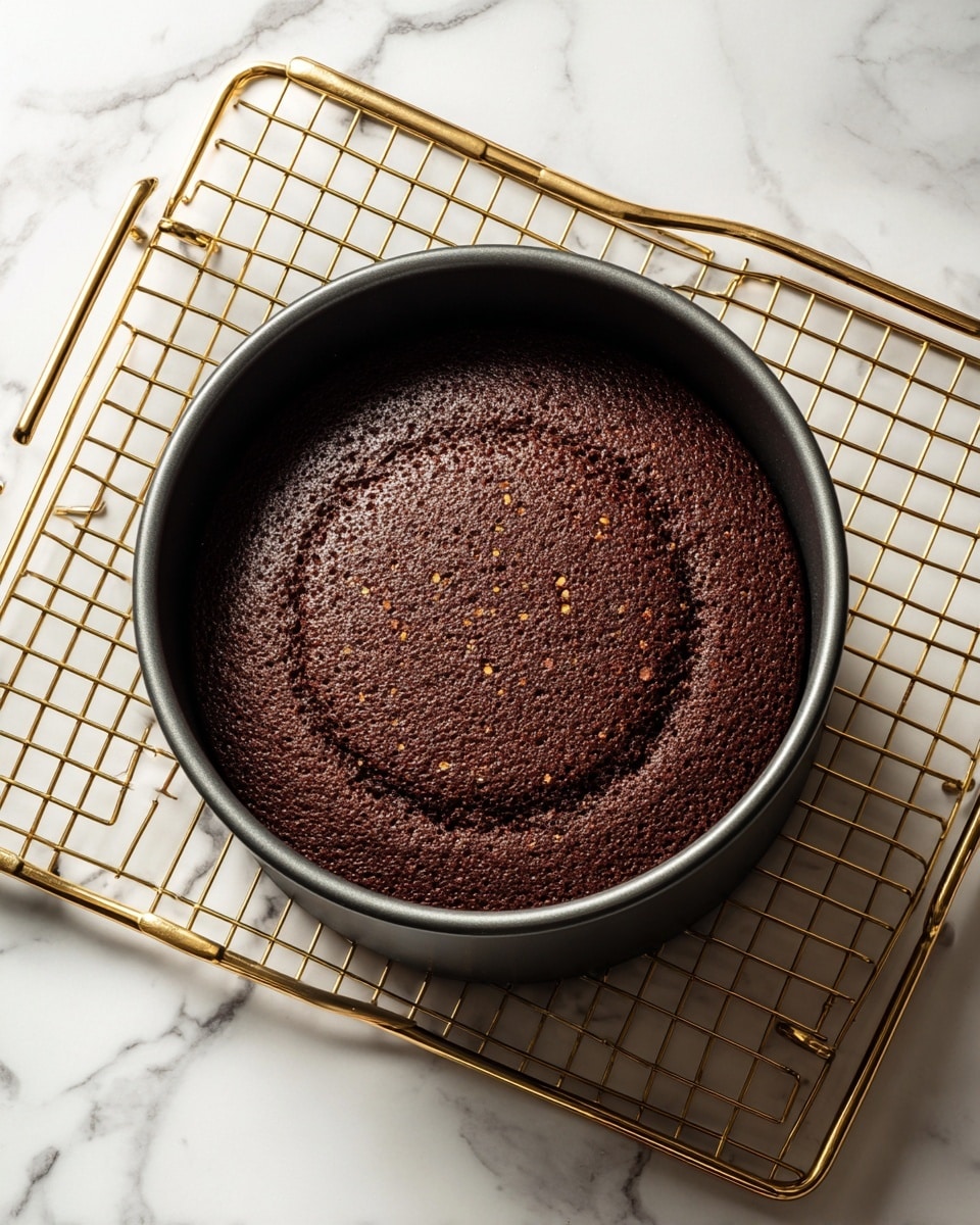 A single round chocolate cake layer with a slightly textured surface sits inside a dark grey round baking pan. The cake has a rich dark brown color with small nut or grain bits visible throughout. The pan is placed on a square gold cooling rack arranged over a white marbled surface. photo taken with an iphone --ar 4:5 --v 7