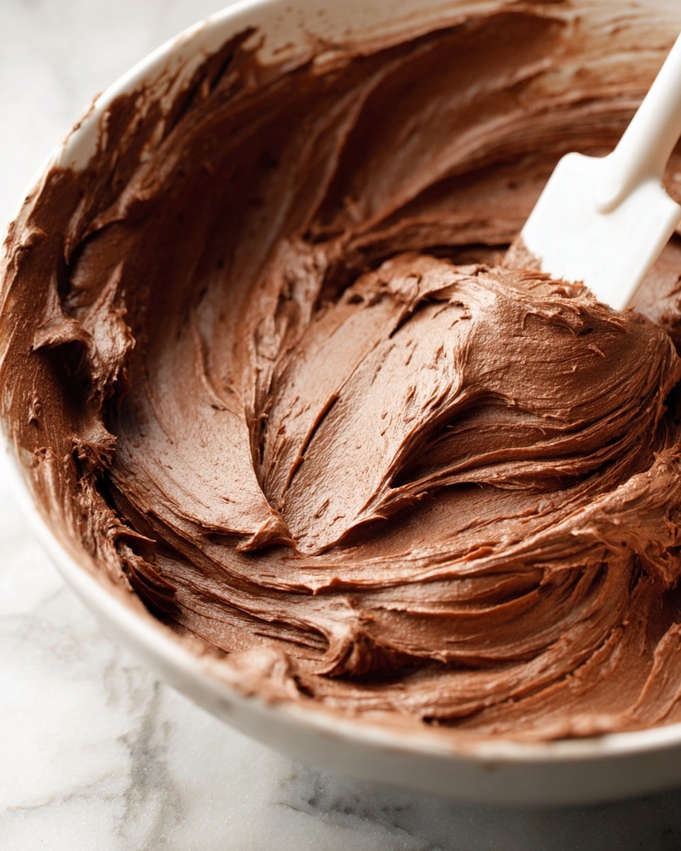 A close-up view of a bowl filled with thick, smooth chocolate frosting that has a rich brown color and creamy texture. A white spatula is seen mixing the frosting, creating swirled patterns and soft peaks across the surface. The background shows part of a white marbled texture. The movement in the image captures the motion of spreading or stirring the dense frosting. photo taken with an iphone --ar 4:5 --v 7