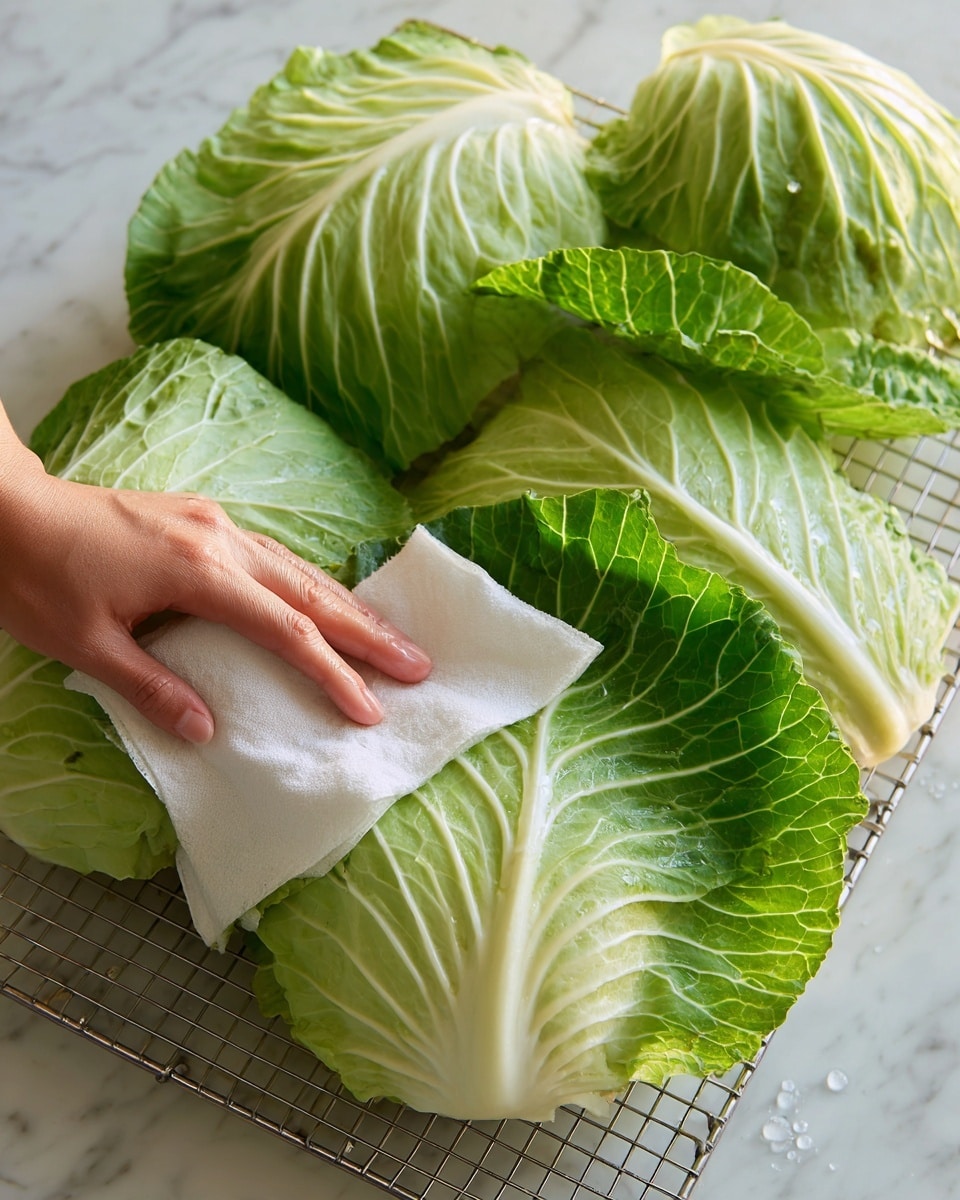 The image shows several large, light green cabbage leaves laid out flat on a metal cooling rack on a white marbled surface. Each leaf has soft, curved edges and visible veins, with a smooth but slightly crinkled texture. In the center of the image, a woman’s hand holds a folded white paper towel and is gently patting one of the cabbage leaves, adding a sense of freshness to the scene. The lighting is bright and natural, highlighting the freshness and details of the leaves. Photo taken with an iphone --ar 4:5 --v 7
