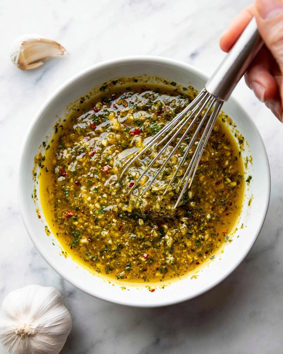 The image shows a white bowl filled with a chunky, yellow-green sauce with visible pieces of garlic and herbs. The sauce has small red chili flakes, black pepper, and bits of green herbs like parsley or cilantro scattered throughout. A silver whisk covered in the sauce is held above the bowl by a woman's hand, lifting some of the sauce. The bowl is placed on a white marbled surface with a garlic bulb faintly visible in the background. Photo taken with an iphone --ar 4:5 --v 7