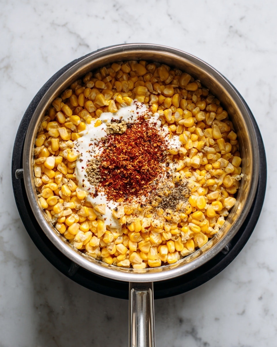 A silver pot is filled with small yellow corn kernels that almost fill it to the top. In the center of the corn, there is a small pile of white creamy sauce with a mix of red and black spices sprinkled over it. The pot is placed on a black stove, and the background is a white marbled texture. The photo is clear and bright, showing the textures of the corn and the spices well. photo taken with an iphone --ar 4:5 --v 7