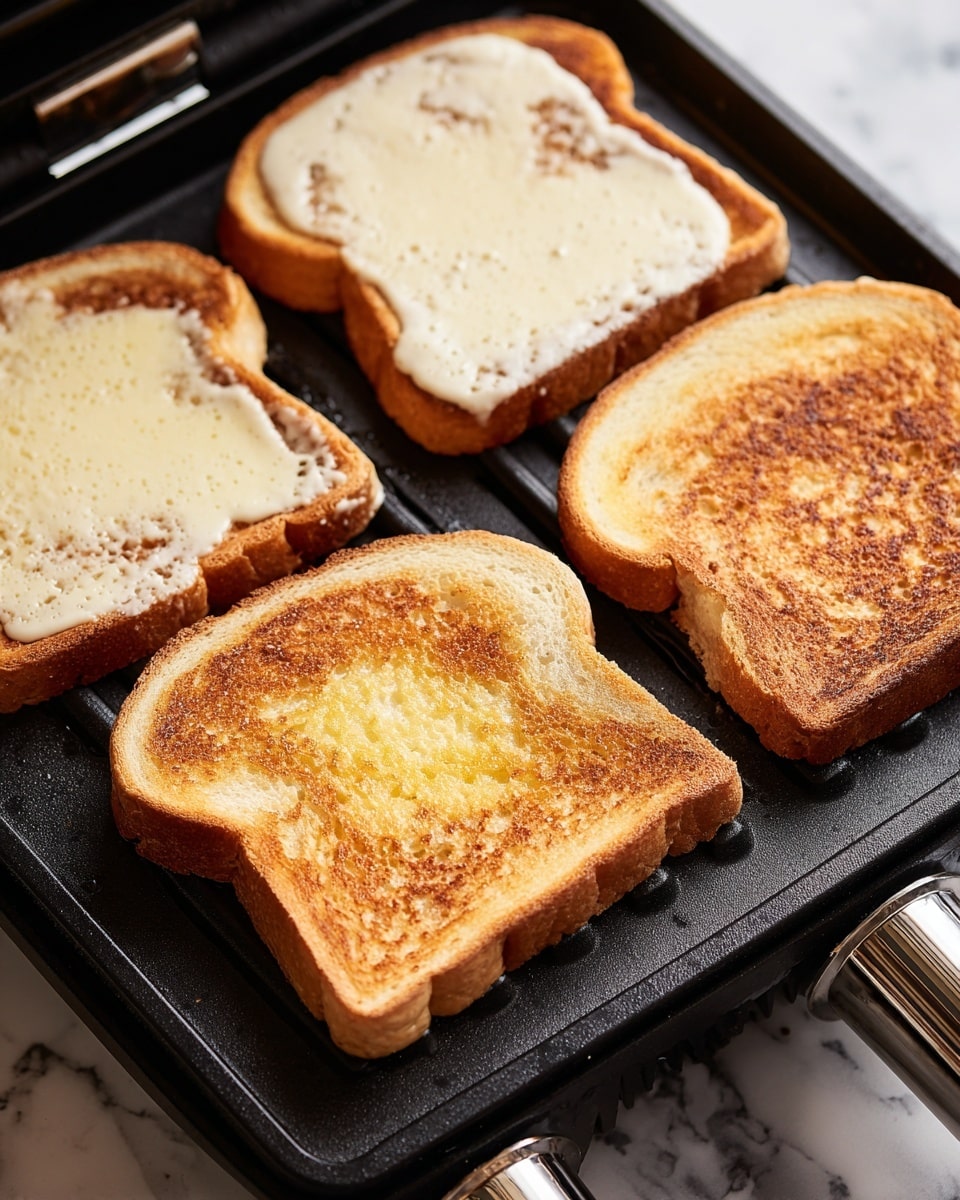 The image shows two close-up views of four slices of bread cooking on a black electric griddle. In the top part of the image, the bread slices are raw with a light beige color, some batter spilling around the edges, and a soft texture. The lower part of the image shows the same bread slices partially cooked, with a golden brown color starting to form on the edges and light browning on the surface, while the texture appears firmer and slightly bubbly. The griddle has a reflective surface and a handle in the front with metallic parts. The background is a white marbled texture. photo taken with an iphone --ar 4:5 --v 7