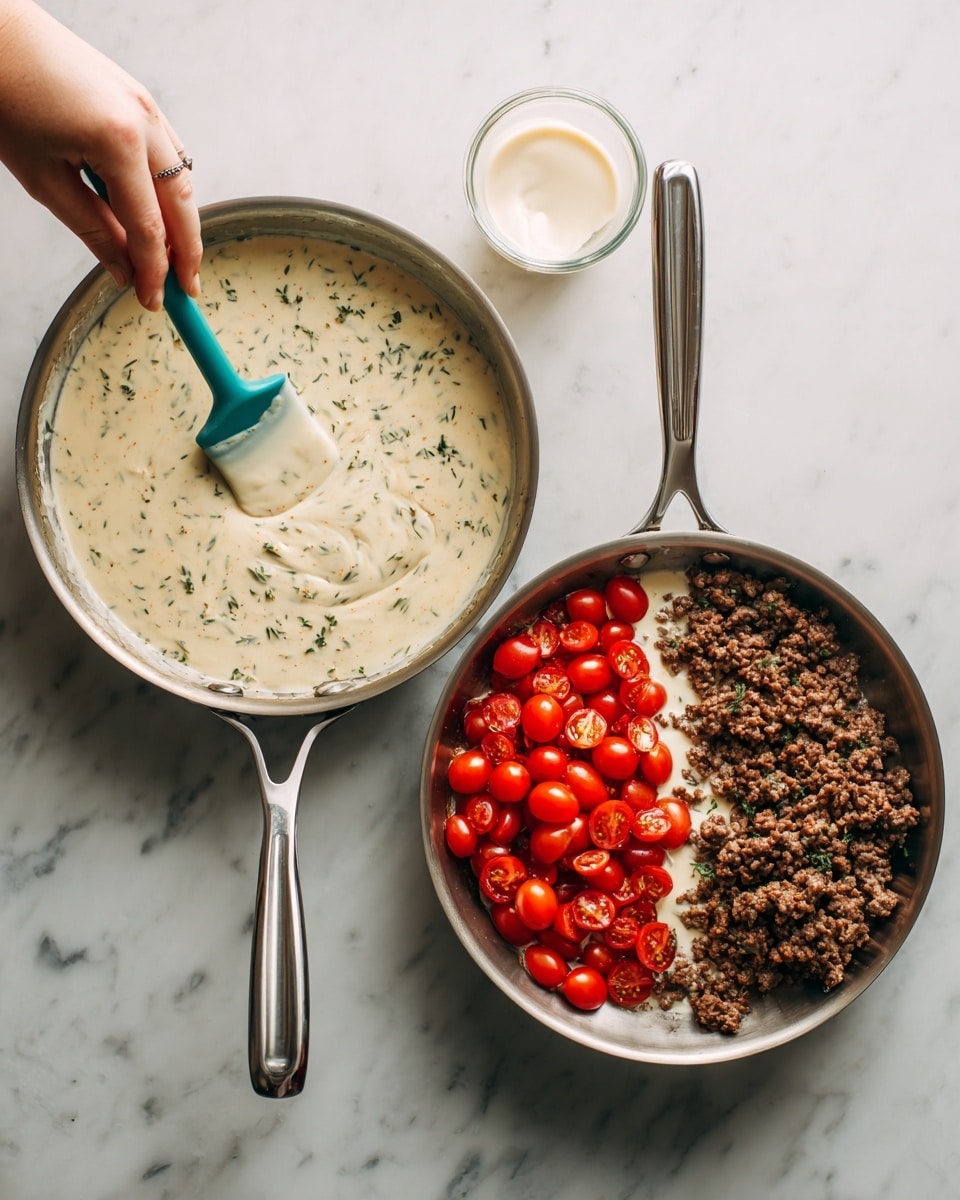 The image shows two metal pans on a white marbled surface. The left pan contains a creamy beige sauce with specks of herbs, and a turquoise spatula is resting inside the sauce. A woman's hand is pouring a white liquid from a small glass bowl into the pan. The right pan holds the same beige sauce but now with two distinct layers on top: bright red cherry tomatoes arranged in a cluster at the bottom right and finely browned ground meat piled on the top right half. Both pans have silver handles and are viewed from above. photo taken with an iphone --ar 4:5 --v 7