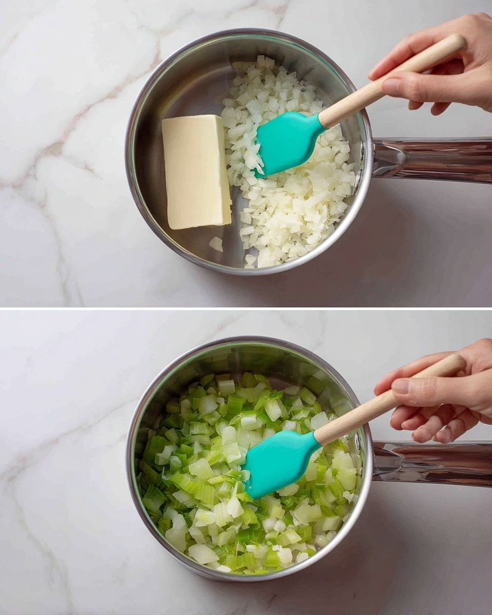 A small silver pot sits on a white marbled surface, filled with three layers: on the left side is a creamy white cube of butter, next to finely chopped white onions that cover about a third of the pot, and finely chopped bright green celery filling the remaining space. The second image shows the same pot with the onions and celery mixed and slightly cooked to a more translucent color, stirred by a teal silicone spatula held by a woman's hand. photo taken with an iphone --ar 4:5 --v 7