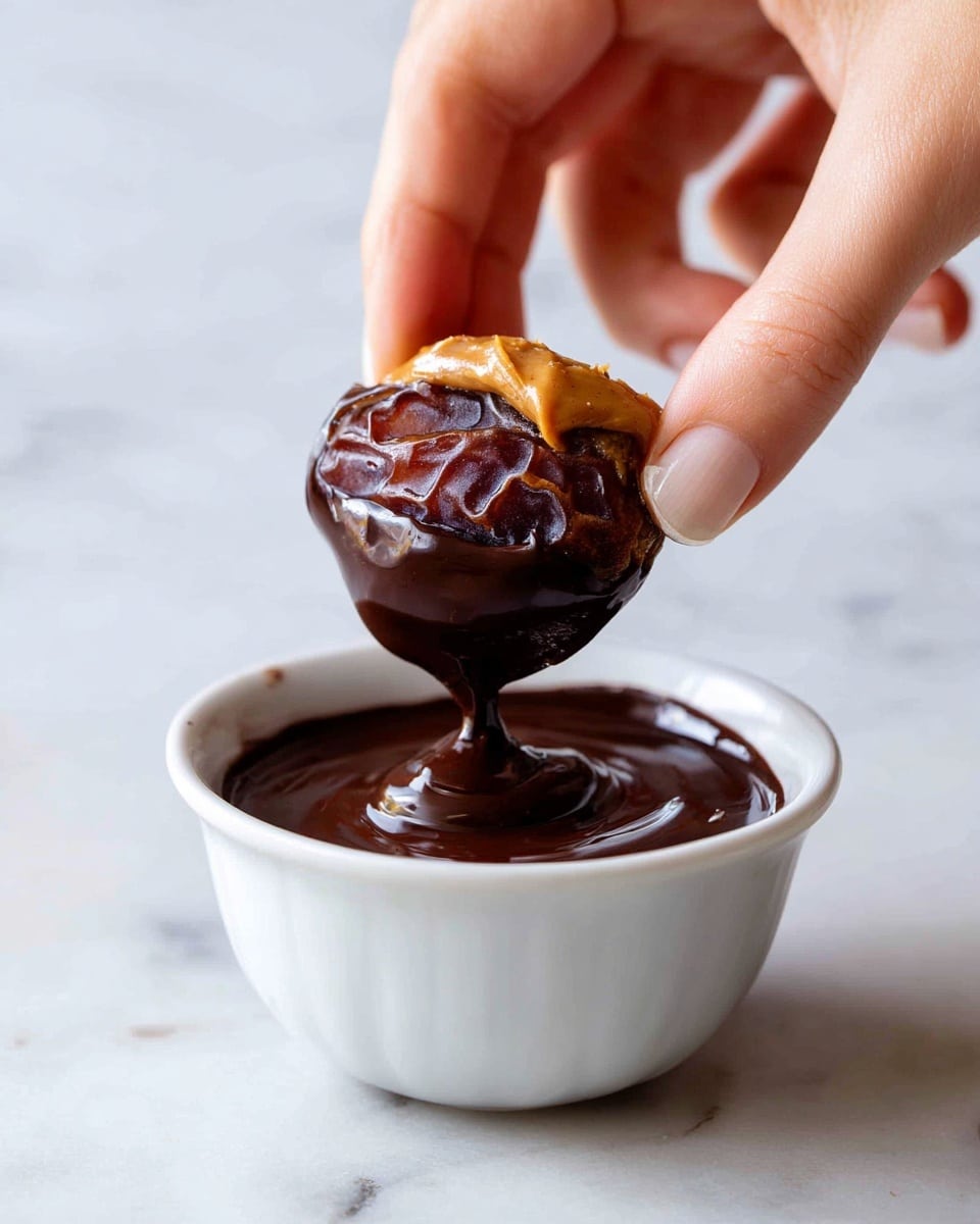 A woman's hand is holding a dark brown date stuffed with a smooth, light brown peanut butter filling, dipping it halfway into a small white bowl filled with shiny, melted dark chocolate. The chocolate has a rich, glossy texture that coats the side of the date slightly. The background has a clean white marbled texture. photo taken with an iphone --ar 4:5 --v 7