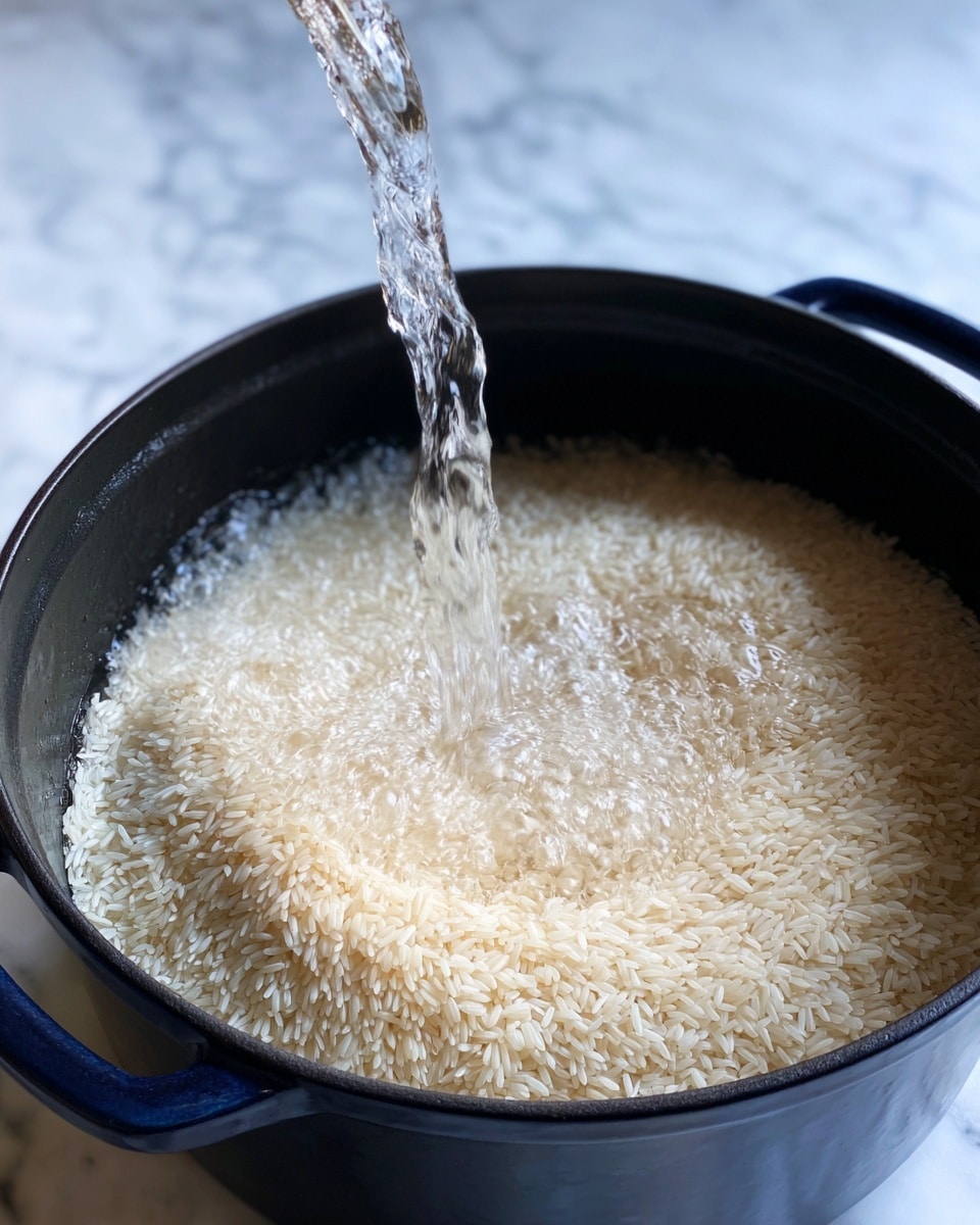 A close-up image showing a black pot filled with uncooked long grain rice. Water is being poured in from above, creating a wet, textured layer over the pale off-white rice grains. The pot is held by two blue handles, and the background is a white marbled texture. Photo taken with an iphone --ar 4:5 --v 7