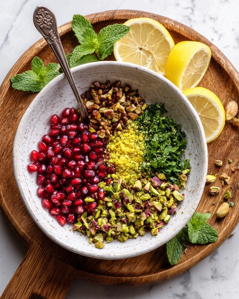 The image shows two white bowls on a round wooden board, placed over a white marbled surface. In the first bowl, four distinct layers are visible: bright red pomegranate seeds at the bottom, finely chopped green herbs on the right, crushed brown pistachios on the top left, and yellow lemon zest on the bottom left. In the second bowl, all the ingredients are mixed together into a colorful blend with the red, green, brown, and yellow colors evenly spread throughout. Half lemon slices and fresh green mint leaves are placed around the wooden board, and a vintage silver spoon rests on the first bowl. Photo taken with an iphone --ar 4:5 --v 7
