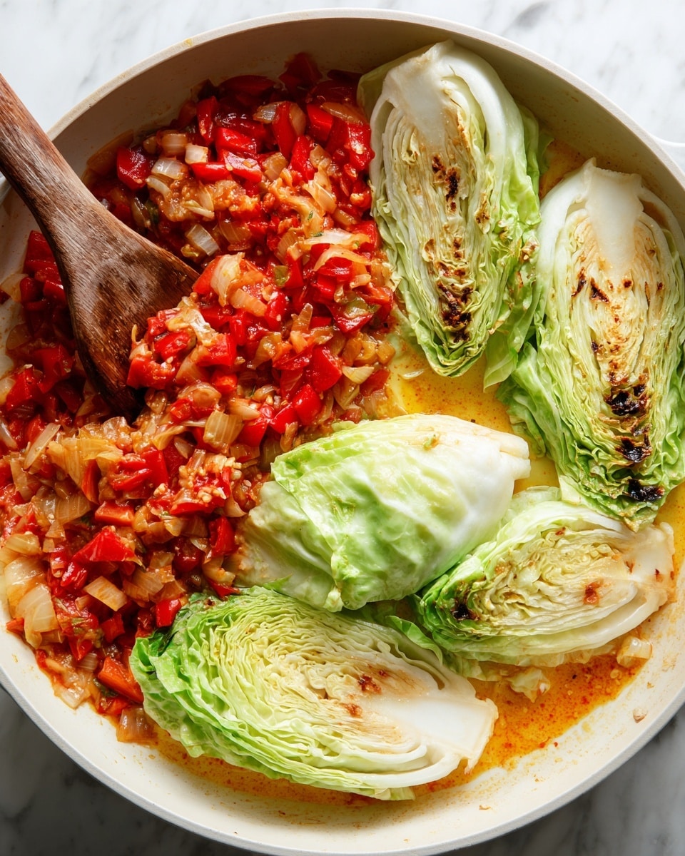 The image shows two stages of cooking in a large white pan on a white marbled surface. On the left, there is a mixture of diced red tomatoes, sliced onions, and red bell pepper cooking down with a wooden spatula resting in the pan; the ingredients are soft, saucy, and richly colored with deep reds and orange tones. On the right, four large wedges of green cabbage with lightly charred edges sit in a creamy, light orange sauce that fills the pan partially, showing the contrast between the pale green cabbage and the smooth sauce beneath it. photo taken with an iphone --ar 4:5 --v 7