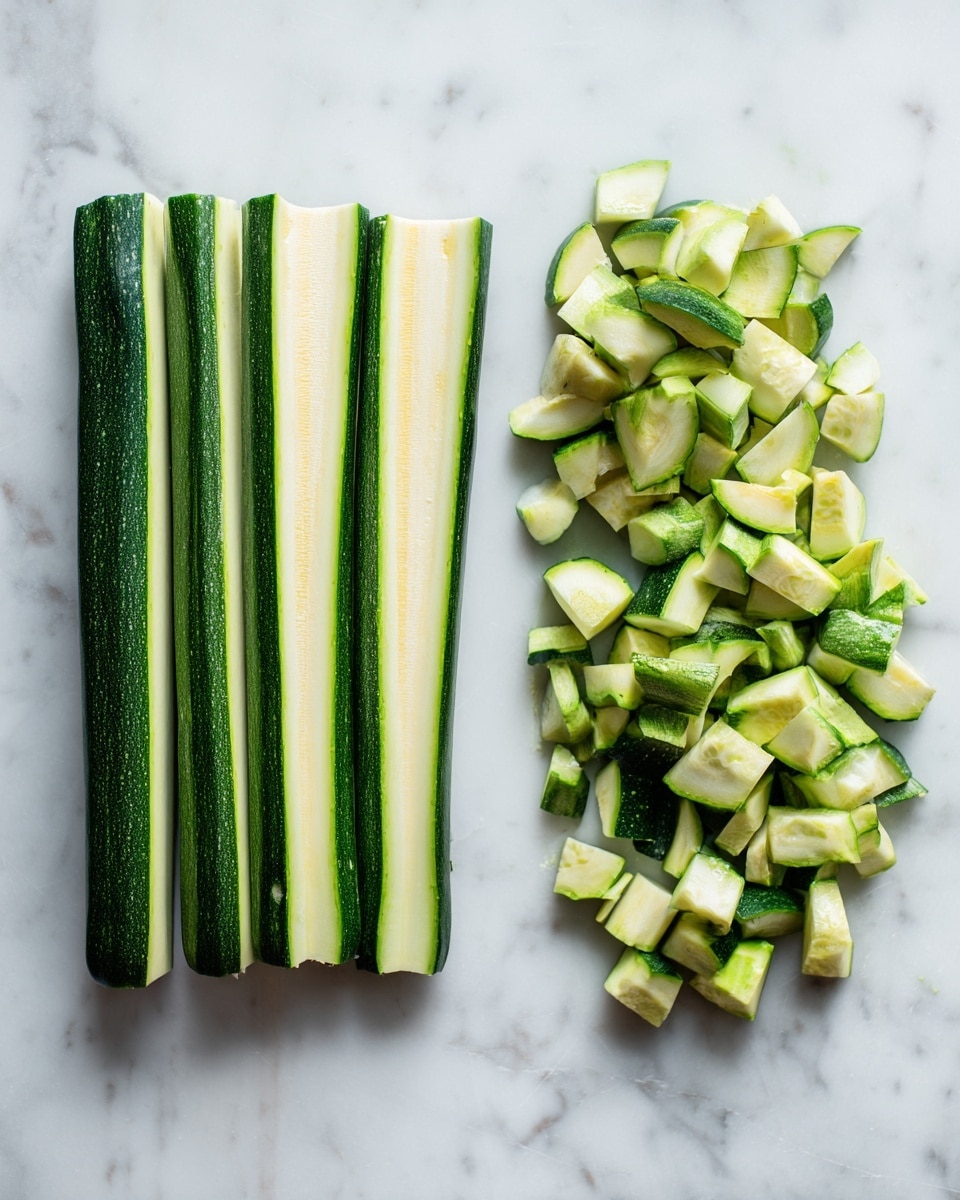 The image is divided into two sections labeled 1 and 2 on a white marbled surface. On the left side, six long, green zucchini halves are placed side by side horizontally with their pale inner flesh and seeds showing. On the right side, the zucchini is cut into smaller irregular pieces and scattered on the white marbled surface, showing the green skin and light green interior. The textures contrast between smooth zucchini skin and soft flesh. photo taken with an iphone --ar 4:5 --v 7
