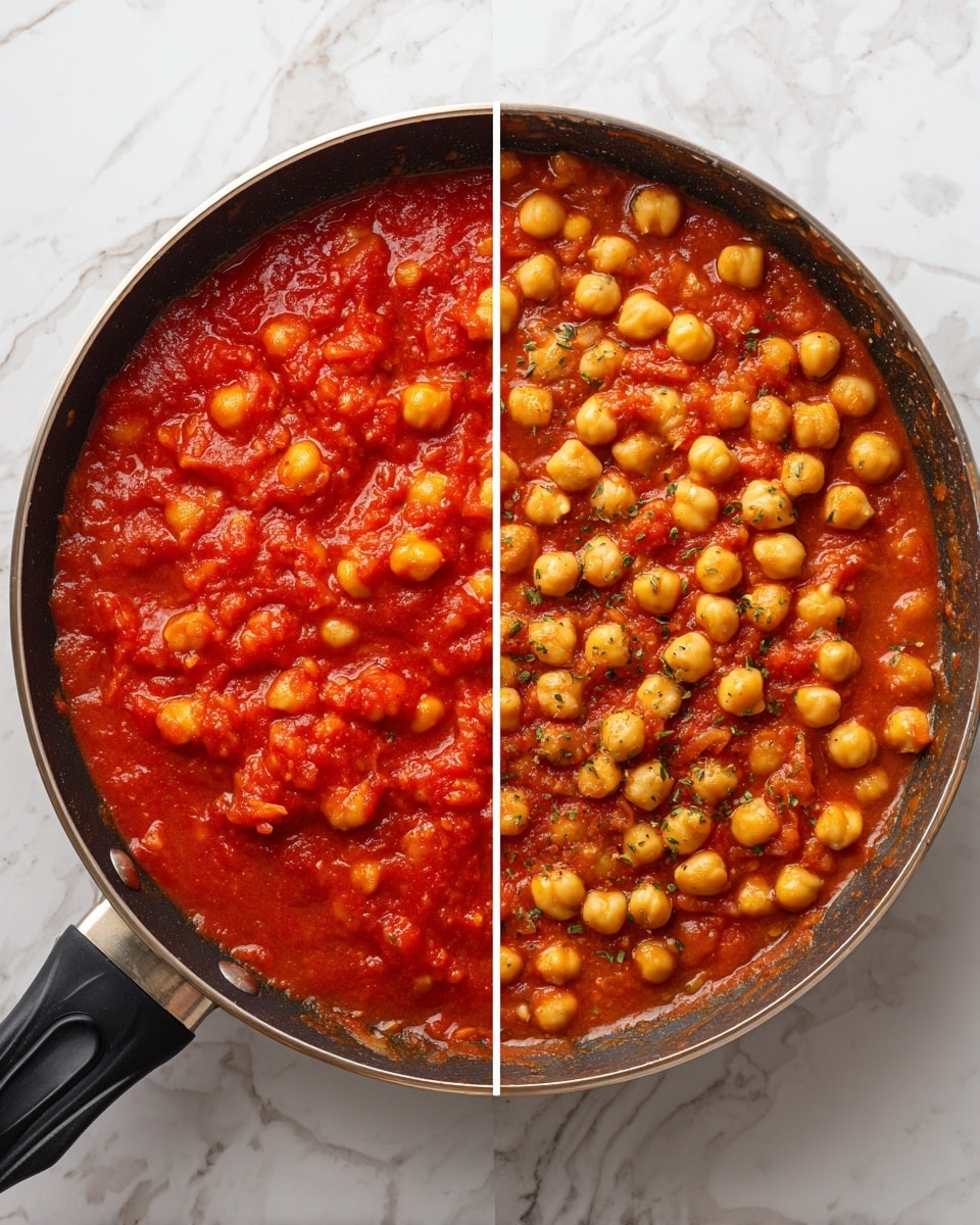 A round dark pan with a black handle sits on a white marbled surface. Inside the pan on the left, there is a bright red tomato sauce mixed with whole light brown chickpeas. On the right side, the same pan is shown with the tomato sauce and chickpeas stirred together, making the sauce coat the chickpeas evenly. The sauce looks thick with a slightly chunky texture and bits of herbs mixed in. photo taken with an iphone --ar 4:5 --v 7