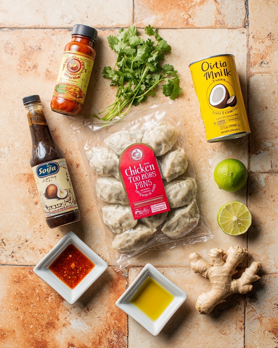 This image shows a top view of various cooking ingredients arranged on a white marbled tiled surface with warm beige and orange tones. In the center is a clear plastic bag with red and black printing, labeled