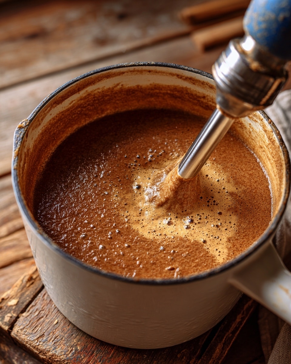 A close-up image shows a white pot filled with a thick, brown mixture being blended by an immersion blender with a metal head and white handle. The mixture has a slightly chunky texture and is bubbling gently. The pot sits on a rustic wooden surface. Photo taken with an iphone --ar 4:5 --v 7
