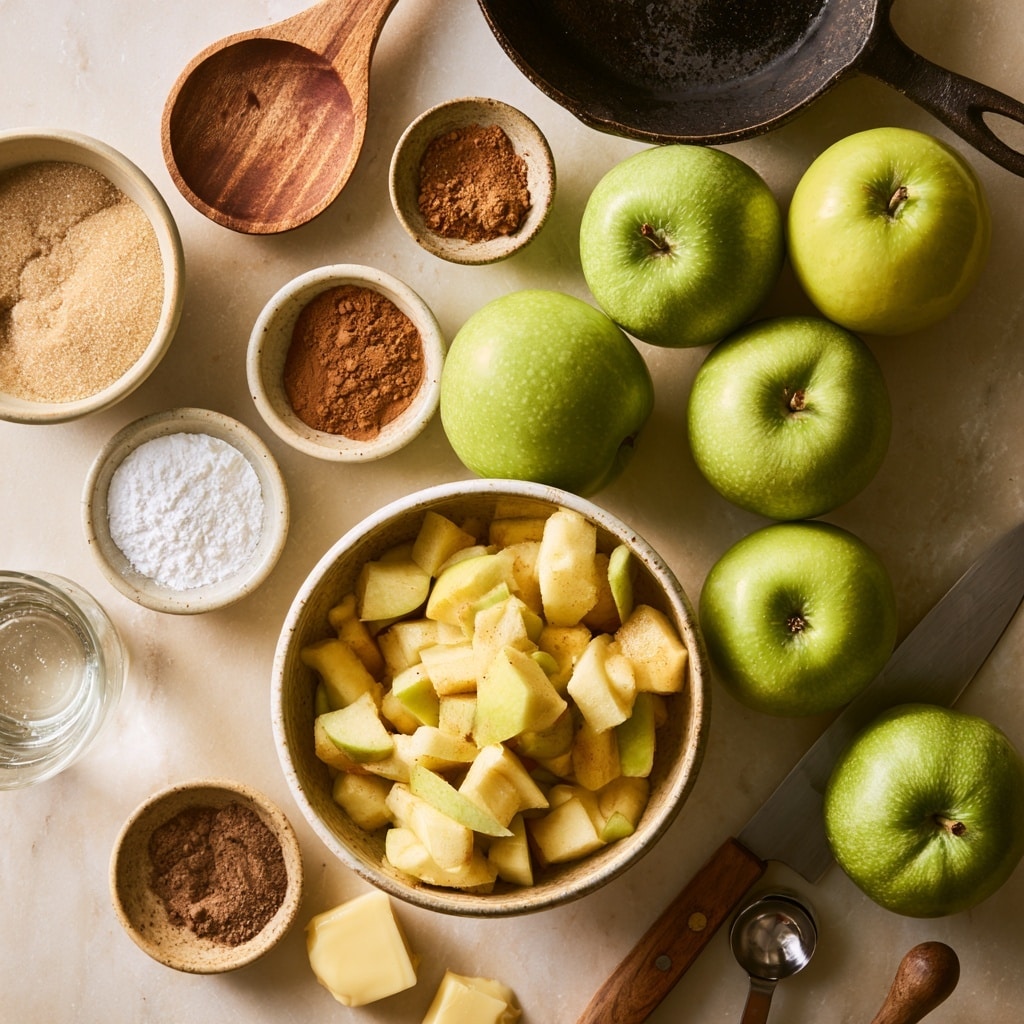 A black pan sits on a white marbled surface filled with several layers of finely chopped pale yellow apples covering the whole pan base. On the right side, there is a square of light yellow butter. A heap of white granulated sugar spreads across the top center. Below the sugar, a generous sprinkle of brown cinnamon powder is piled over the apples, spreading out in small patches. The pan has two shiny metal handles, and a blue and white striped cloth rests nearby. Around the pan, there are three small metal measuring spoons and a red bowl with white powder visible on a spoon beside it. photo taken with an iphone --ar 4:5 --v 7