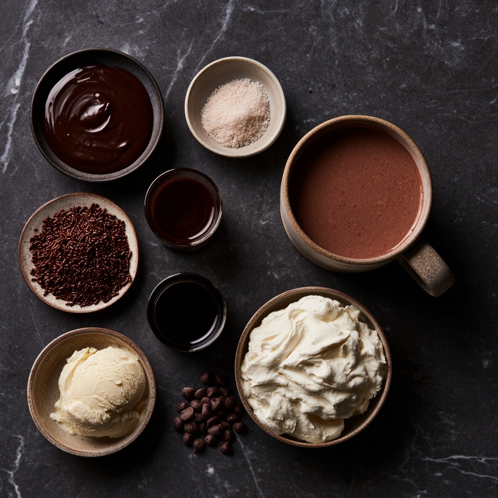 A close-up view shows a woman's hand holding a white cup tilted, pouring smooth, dark brown hot chocolate into a clear glass mug topped with light brown foamy whipped cream, with chocolate sprinkles around the rim. Another clear glass mug with the same whipped cream and sprinkle decoration sits on a white marbled surface nearby, with some small drips and splashes of hot chocolate visible on the surface. The scene has a soft, cozy feel with a striped cloth partially visible in the corner. Photo taken with an iphone --ar 4:5 --v 7