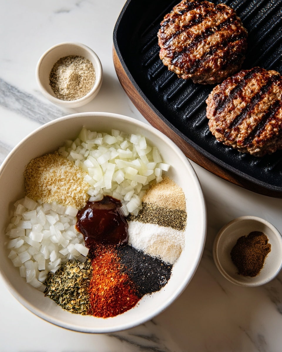 The first image shows a white bowl with raw ground meat in the middle, surrounded by layers of white chopped onions on the left, and rows of various dry seasonings in light beige, brown, and black colors arranged neatly on the right. A dark brown sauce is placed on top of the meat in the center. The bowl is on a white marbled surface. The second image shows two cooked burger patties with dark grill marks sitting side by side in a black grill pan with ridges, on a white marbled background. photo taken with an iphone --ar 4:5 --v 7