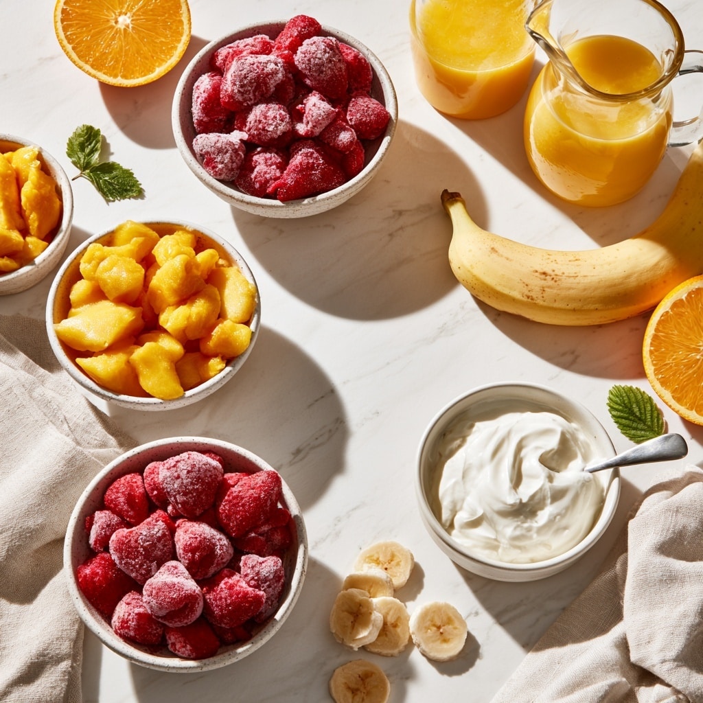 A clear blender cup filled with layers of fruit and juice, starting from the bottom with a yellow juice layer, above that a layer of red frozen strawberries, then a layer of peeled banana slices in white-yellow color, and on the top a layer of bright yellow-orange mango chunks. The blender cup has black measurement marks on the side and is placed on a white marbled surface. photo taken with an iphone --ar 4:5 --v 7