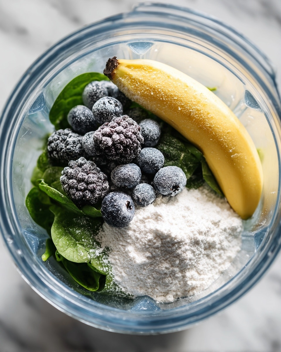 A close-up of ingredients inside a clear blender, showing a bottom layer of fresh green spinach leaves with a mix of whole frozen blueberries and blackberries scattered on top, covered in a light dusting of white powder. On one side, a yellow peeled banana rests partially covered with white powder, while next to it is a mound of white flour or protein powder. The image has a bright and clean look with soft natural light on a white marbled surface. Photo taken with an iphone --ar 4:5 --v 7