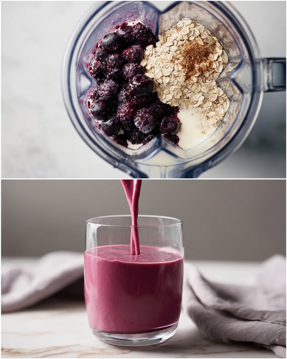 The image shows two parts: the top part is a clear blender container holding layers of ingredients including dark purple frozen berries clustered on one side, light beige oats in the middle, a sprinkle of brown cinnamon on top of the oats, and white milk filling some spaces around the oats and berries; the bottom part shows a close-up of thick dark pink smoothie being poured smoothly into a clear round glass placed on a white marbled surface with a soft gray cloth in the background. photo taken with an iphone --ar 4:5 --v 7