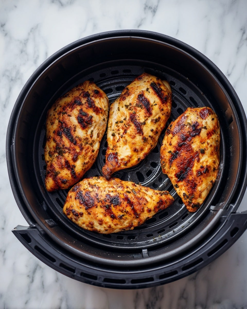 The image shows four grilled chicken fillets placed inside a black air fryer basket. The fillets have a golden-brown color with some darker grill marks, giving them a slightly crispy texture. The air fryer basket is round and has a mesh bottom to allow airflow. The background around the air fryer is a white marbled surface. photo taken with an iphone --ar 4:5 --v 7